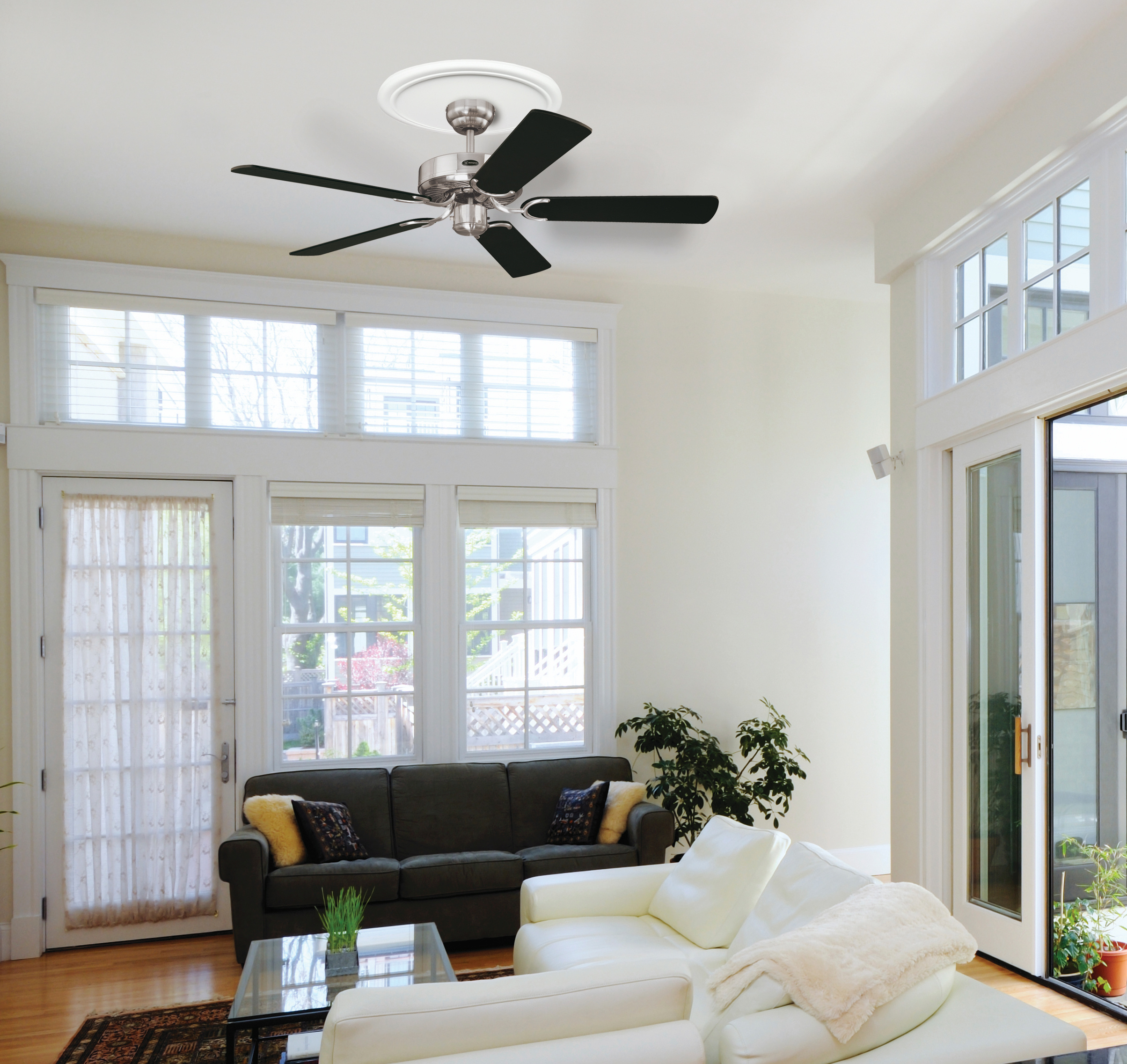 Wohnzimmer mit Deckenventilator, Couch und Fenstern, helles Tageslicht.
