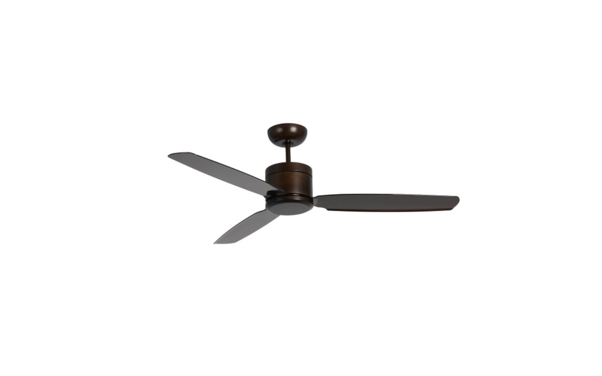 Ventilatore da soffitto marrone con tre pale scure su sfondo bianco.