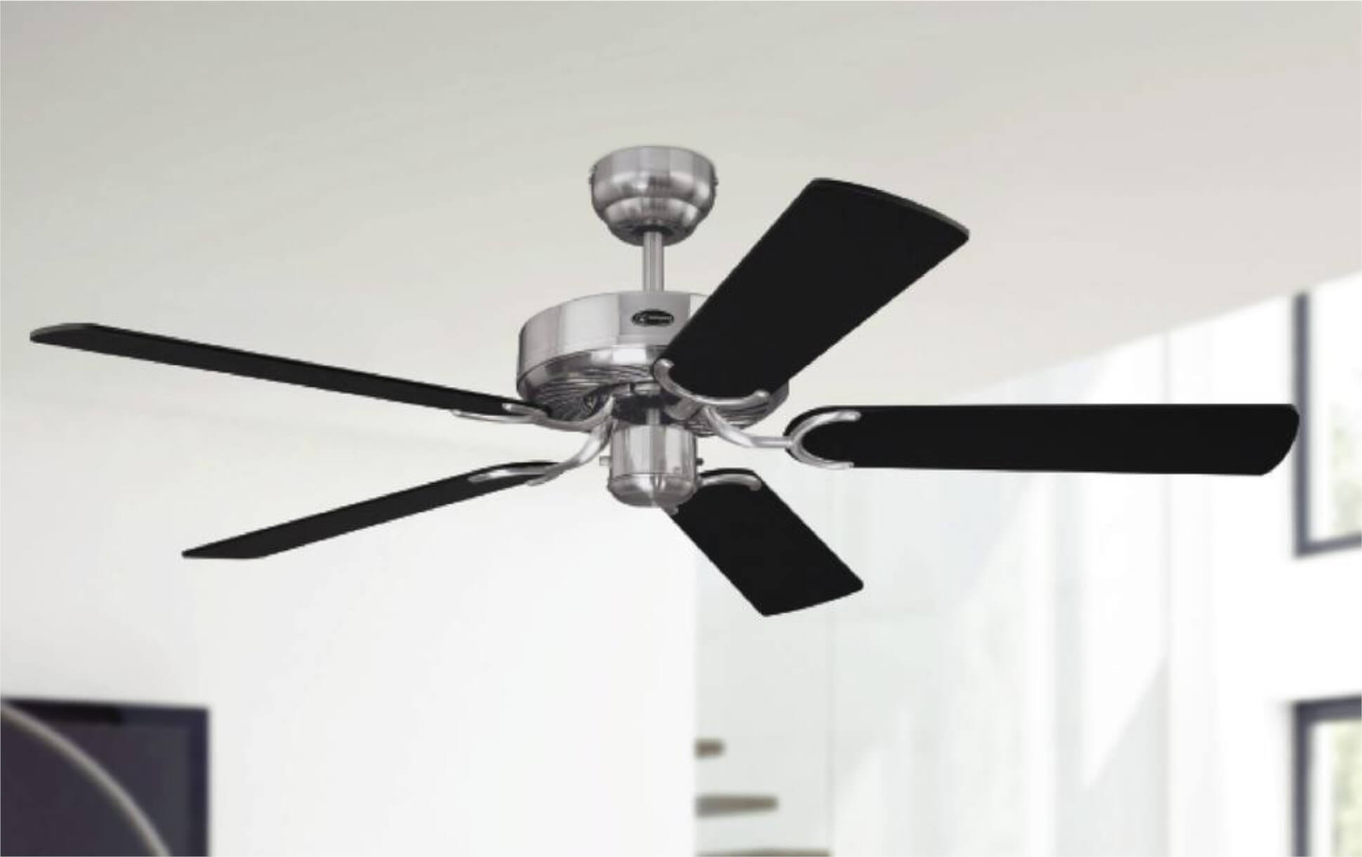 Deckenventilator mit schwarzen Flügeln und silbernem Motor, in einem Raum.