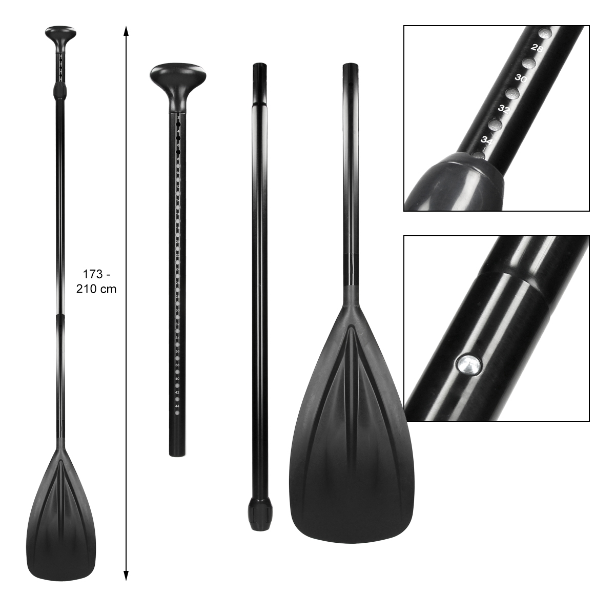 Schwarzes Paddleboard-Paddel mit Maßen. Gezeigte Teile: Griff, Schaft und Blatt. Bereich ist 173-210 cm.