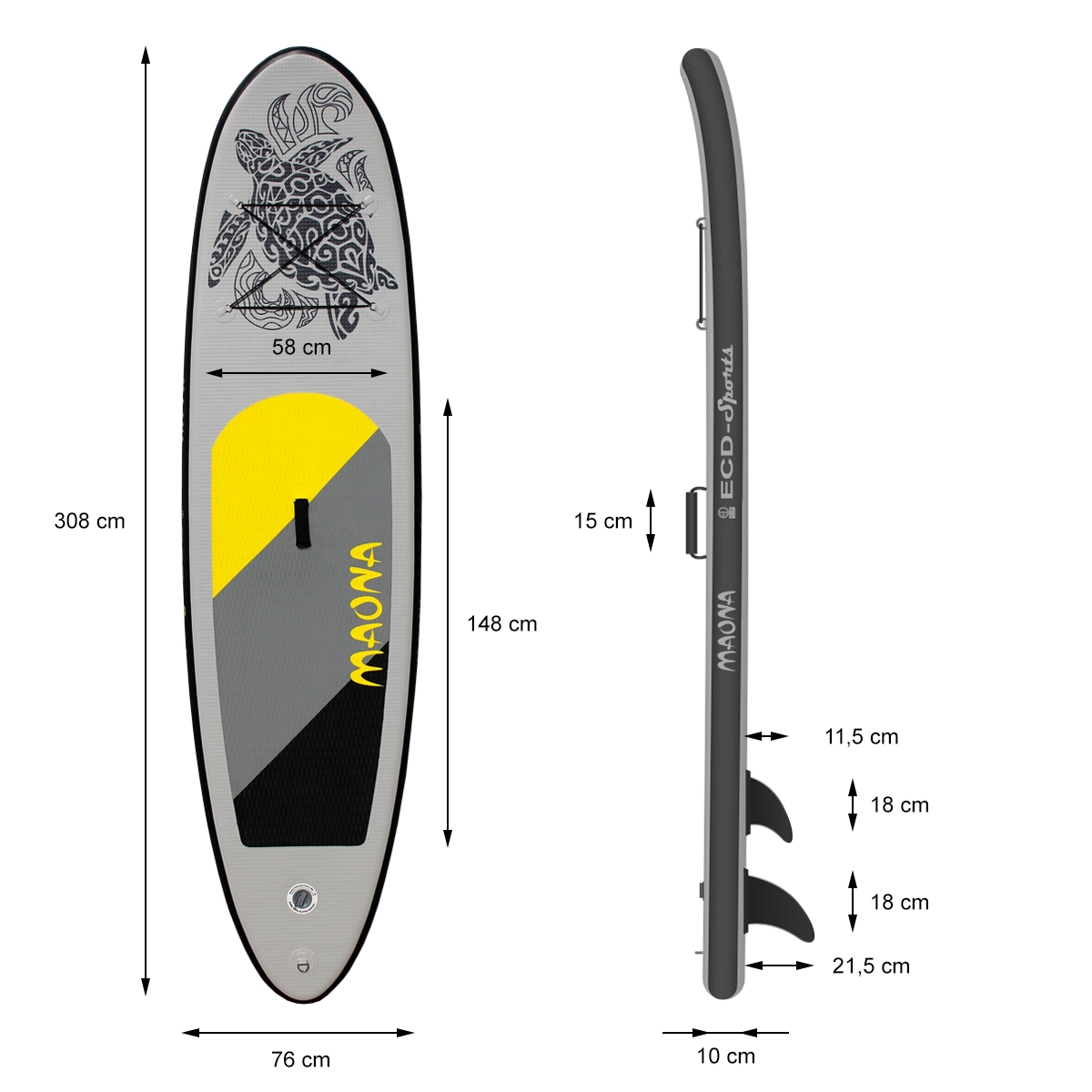 Stand-up Paddleboard mit Schildkröten-Design und Maßangaben.