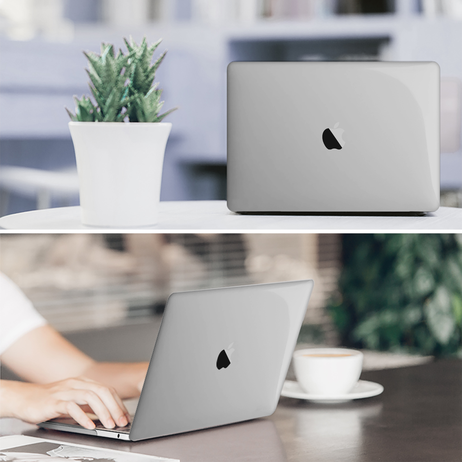 Ein Laptop und eine Topfpflanze stehen auf einem Tisch. Eine Person benutzt einen Laptop.