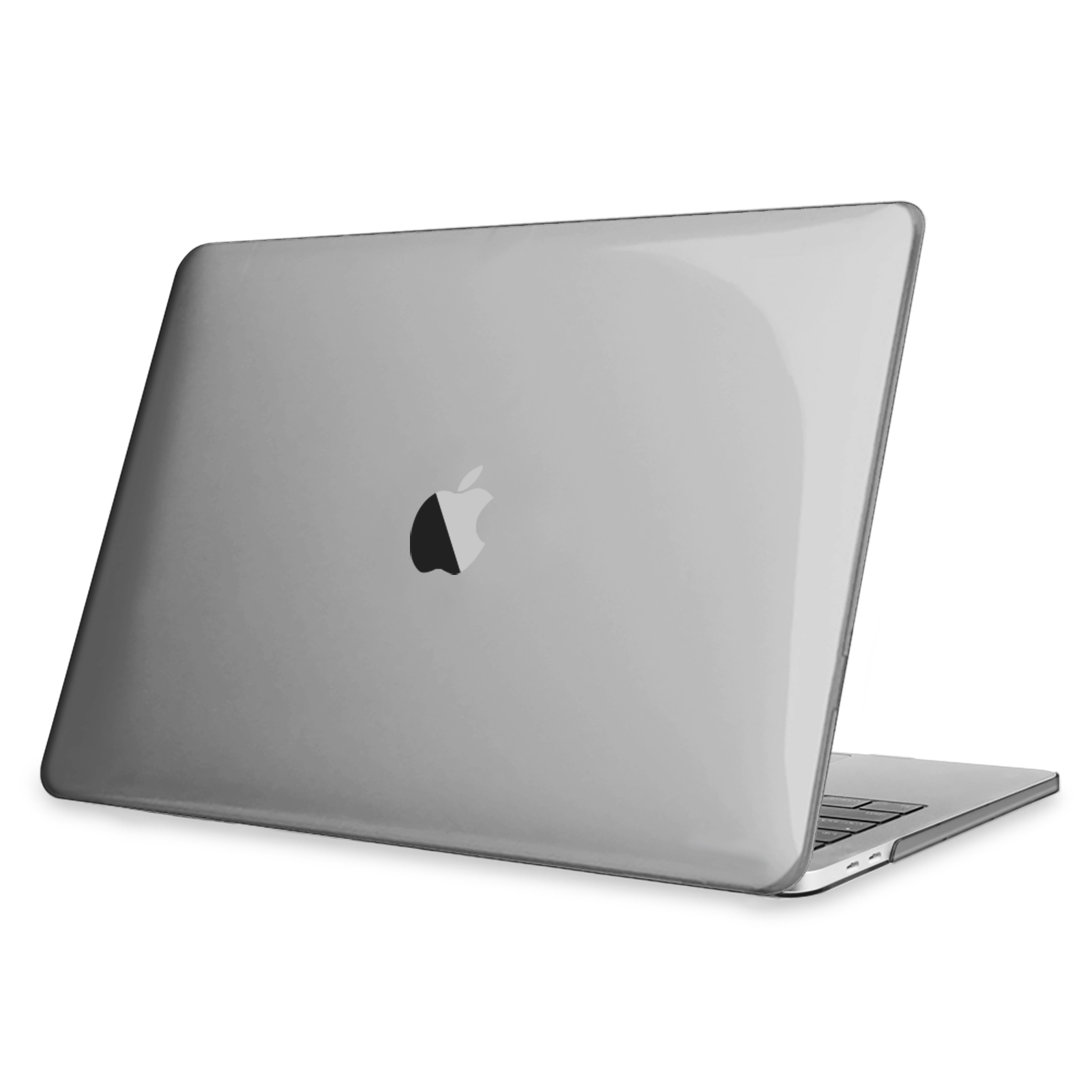Silberner Laptop mit schwarzem Apple-Logo auf der Rückseite. Der Laptop ist auf weißem Hintergrund.