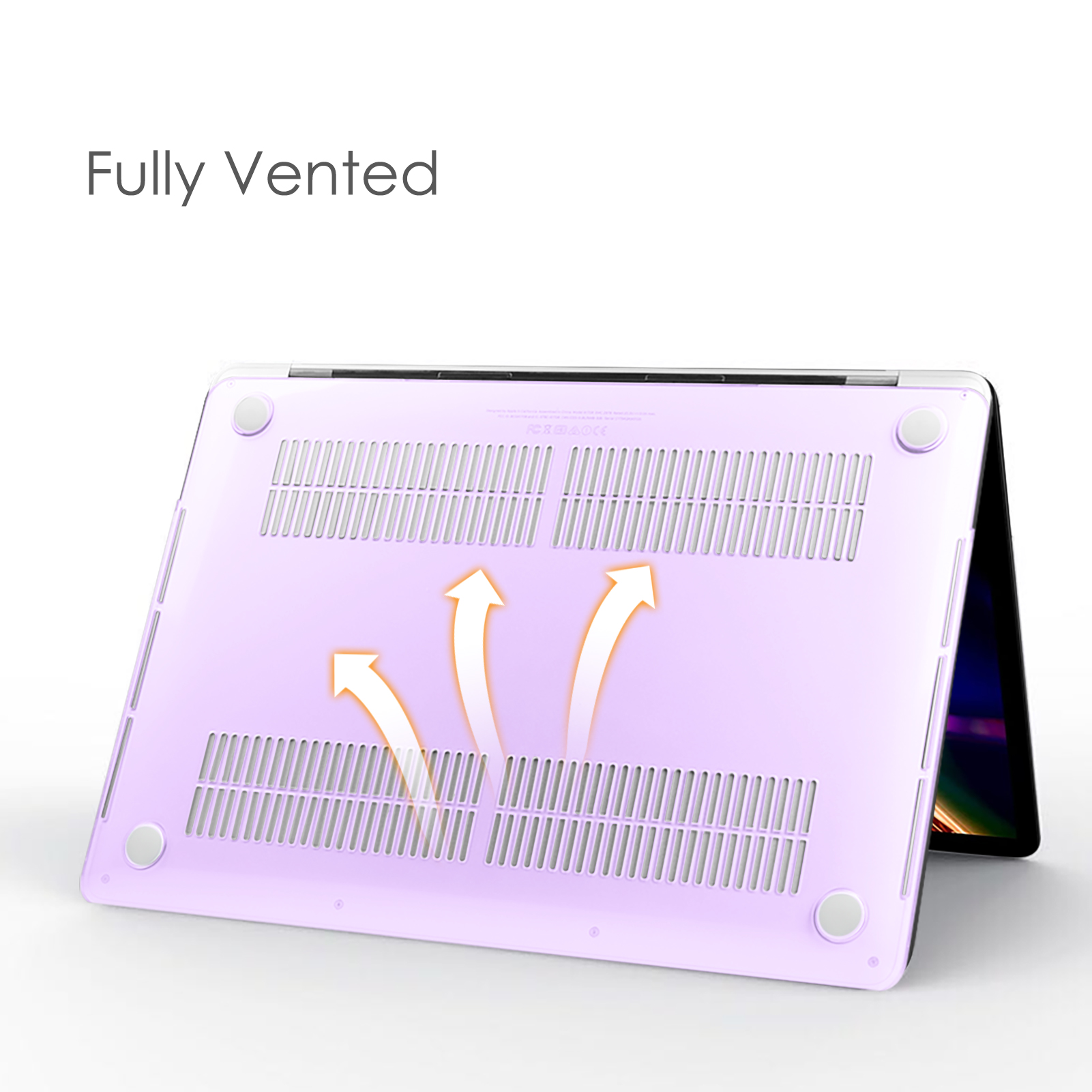 Laptop-Unterseite mit Belüftungsöffnungen und Pfeilen, Text 'Fully Vented'.