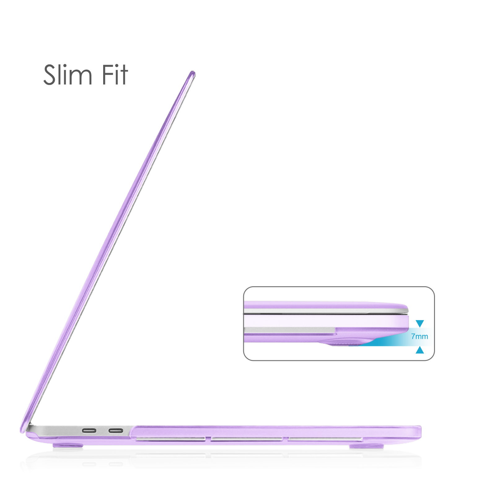 Eine lilafarbene Laptop-Hülle im Profil mit dem Text 'Slim Fit' und Detailansicht.