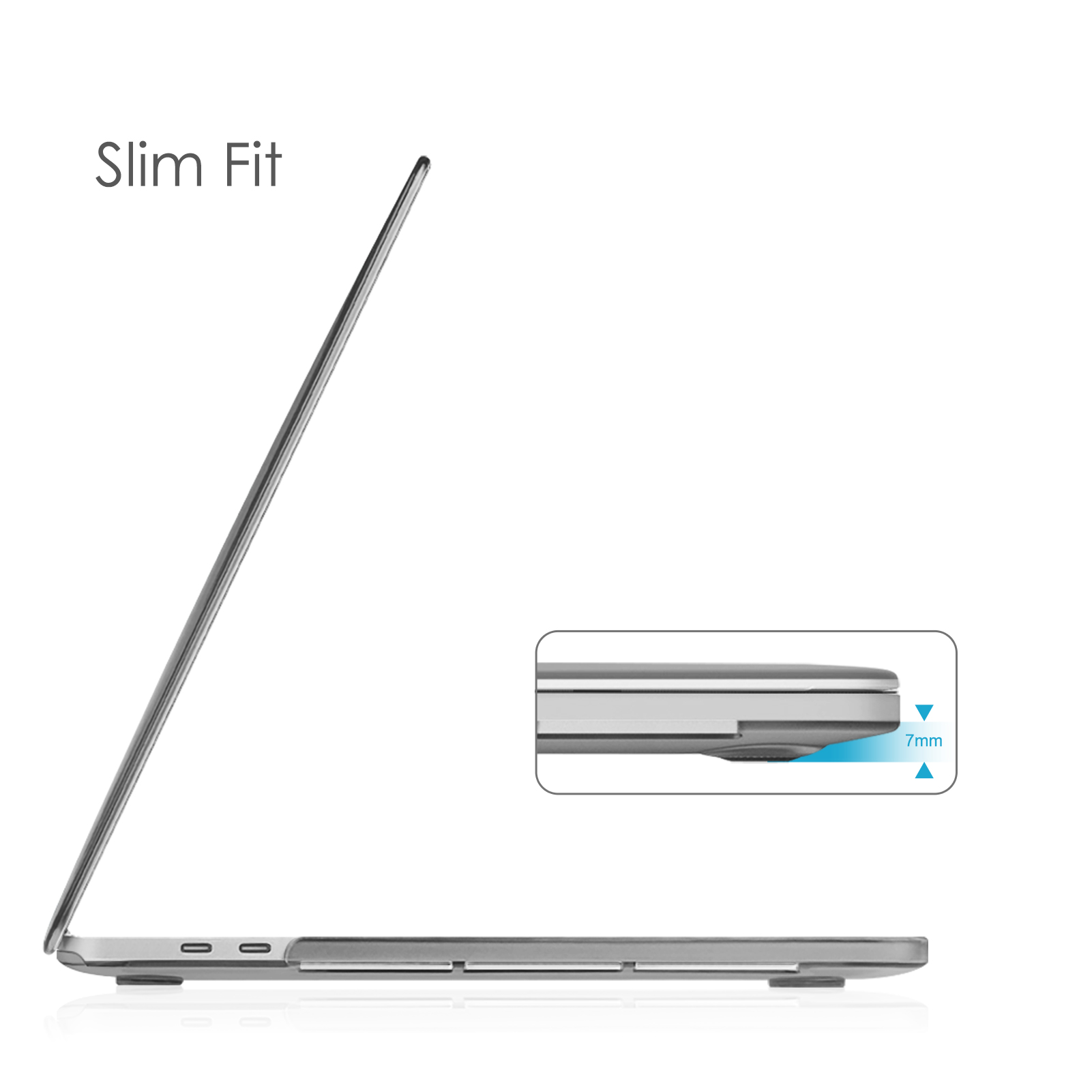 Ein silberner Laptop im Profil, mit einer Nahaufnahme, die seine 7 mm Dicke zeigt. Der Text 'Slim Fit' steht darüber.