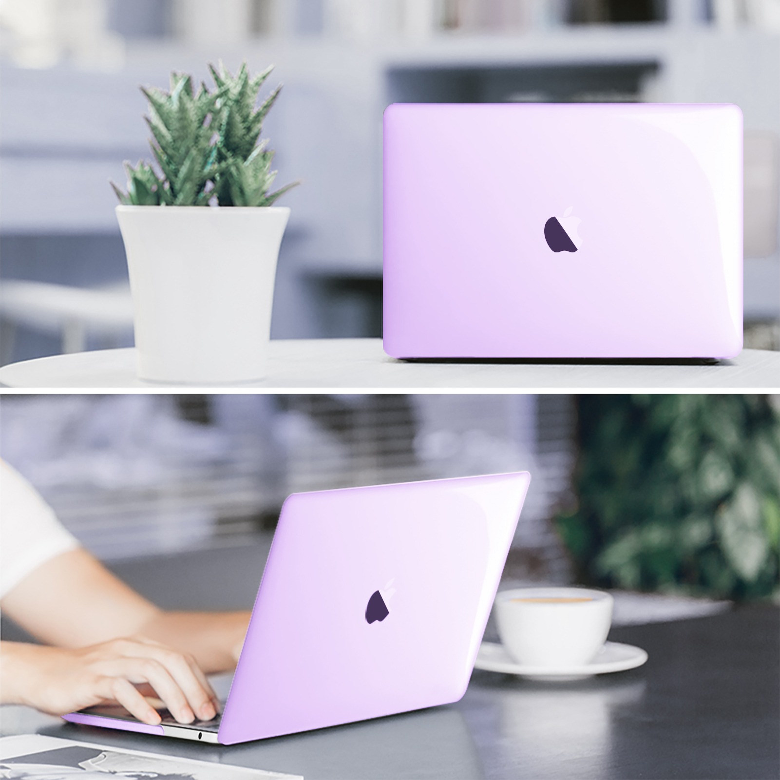 Zwei Bilder eines lila Laptops, eines geschlossen und eines geöffnet mit tippender Hand, Pflanze im Hintergrund.