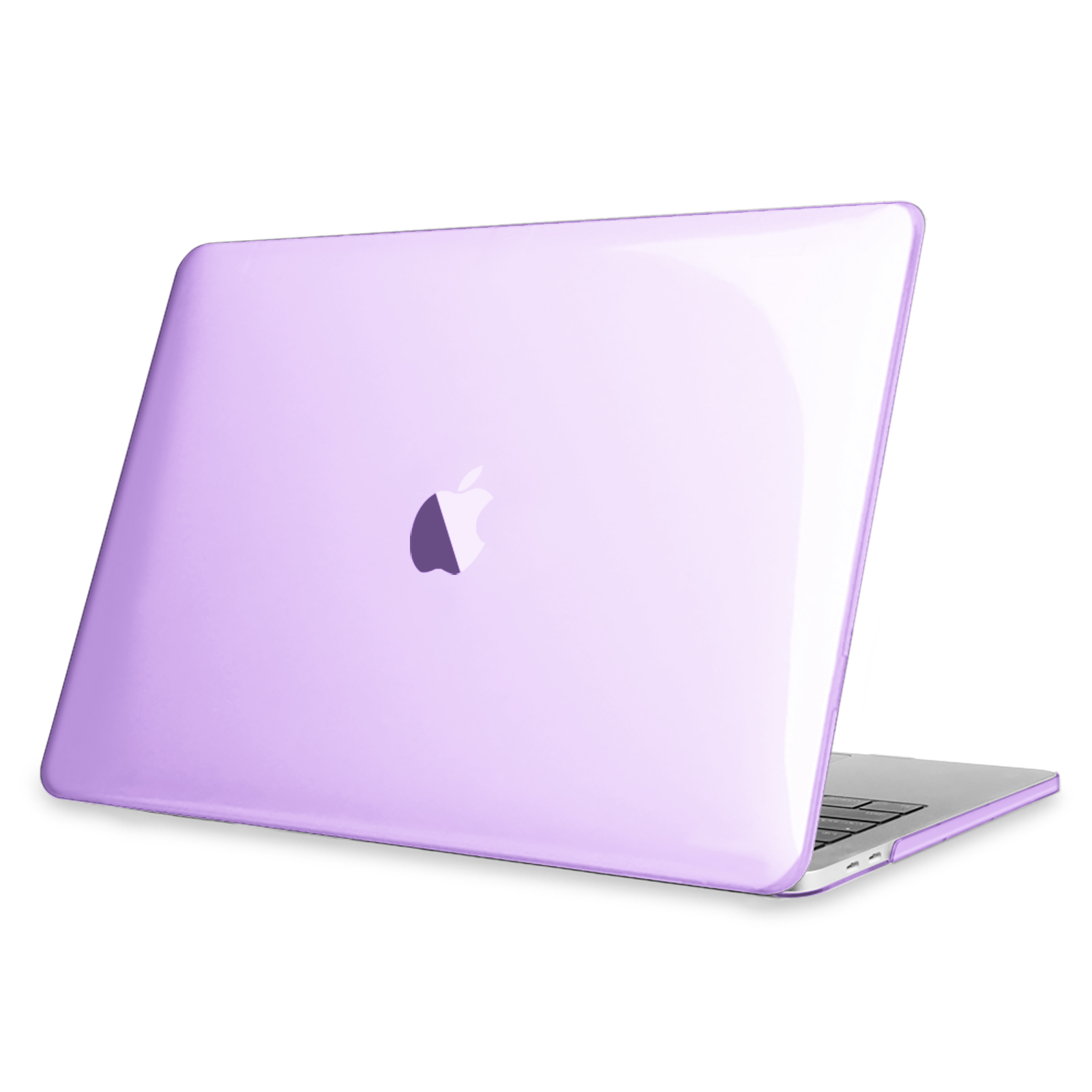 Lila Laptop-Hülle mit Apple-Logo, weißer Hintergrund.