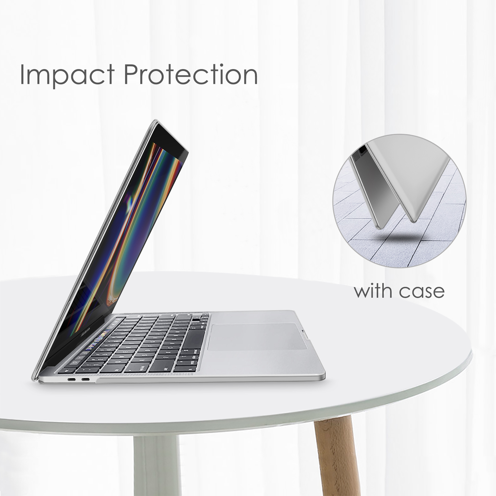 Laptop auf weißem Tisch. Text weist auf Aufprallschutz hin. Ein Case ist im Kreis dargestellt. Weißer Hintergrund.