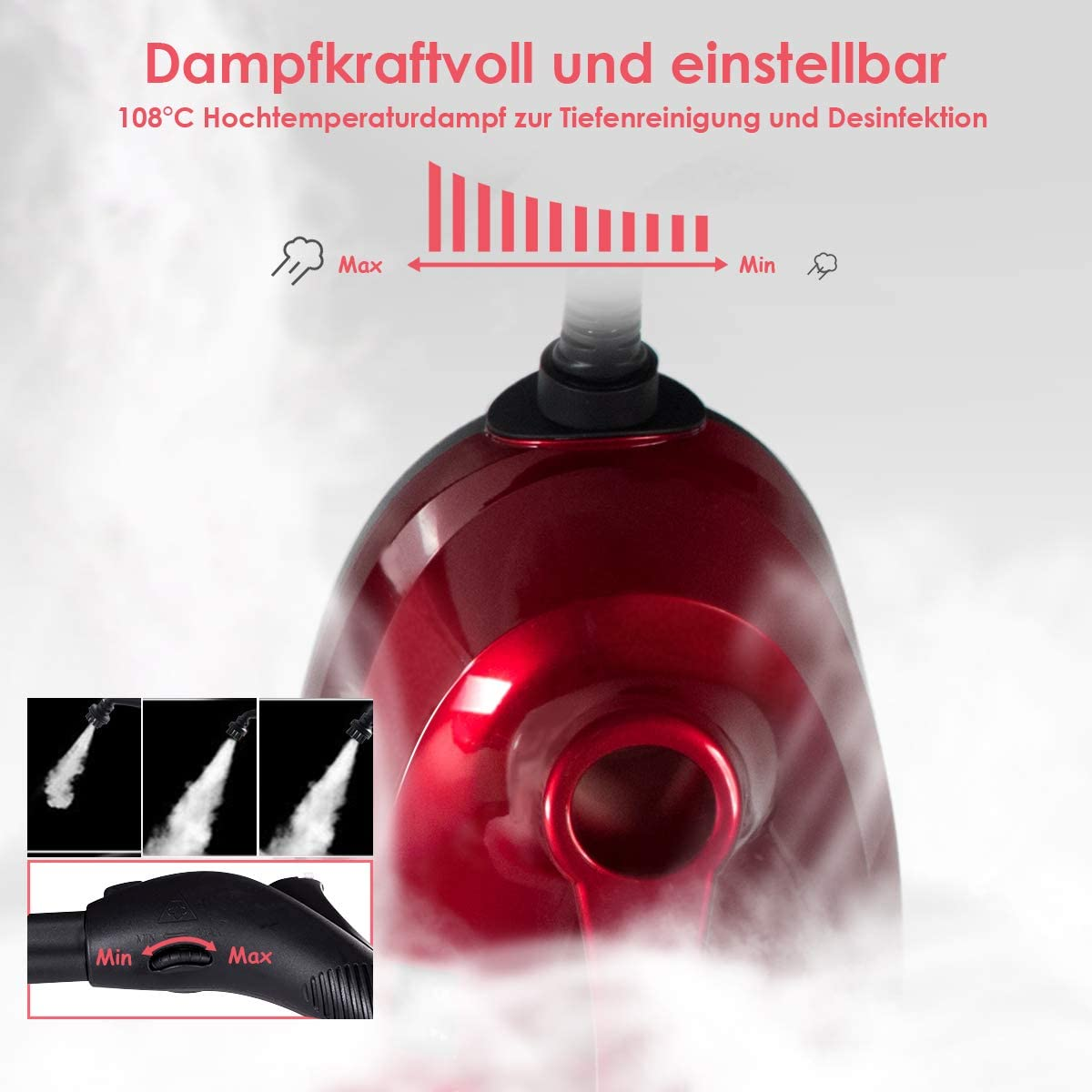 Ein roter Dampfreiniger mit Dampfausstoß. Text deutet auf Hochtemperaturdampf zur Tiefenreinigung und Desinfektion hin.