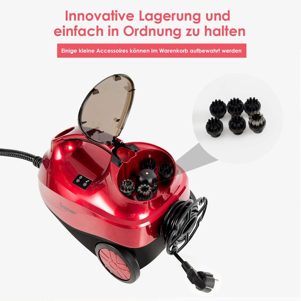 Roter Dampfreiniger mit Zubehör. Er hat einen Griff und ein schwarzes Netzkabel.