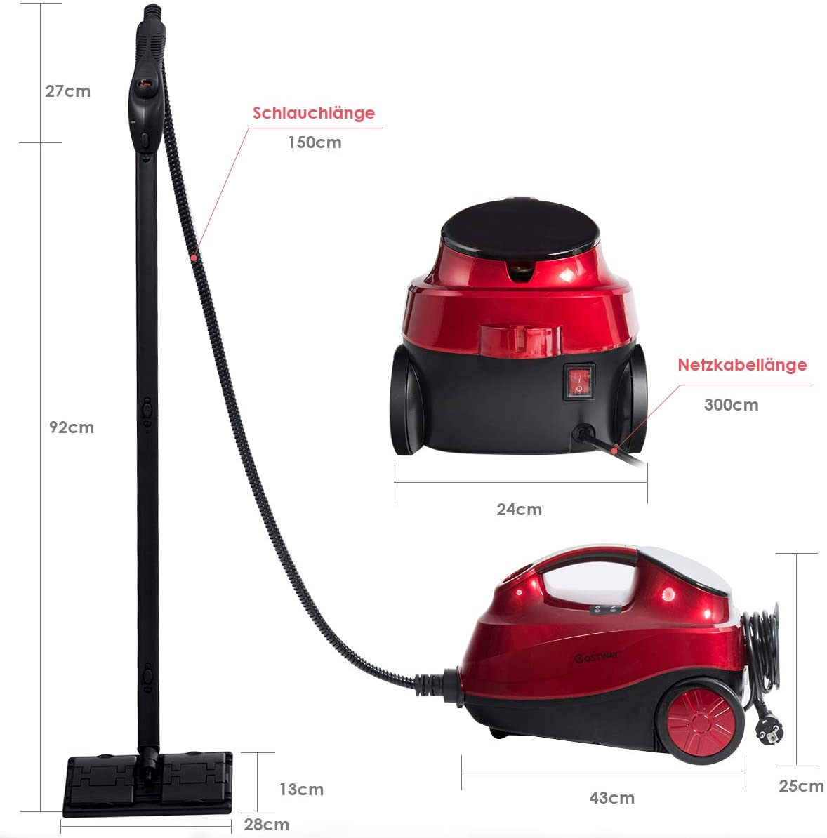 Roter und schwarzer Dampfreiniger mit Maßen, zeigt Schlauch und Kabel. Weißer Hintergrund.