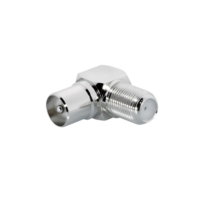 Ein silberner, L-förmiger Stecker mit einem männlichen und einem weiblichen Ende. Isoliert.