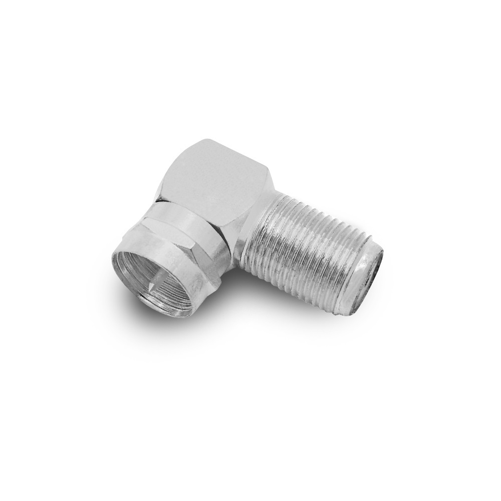 Ein silberner, abgewinkelter Koaxialkabelstecker, isoliert auf weißer Oberfläche. Der Stecker hat ein Gewinde.