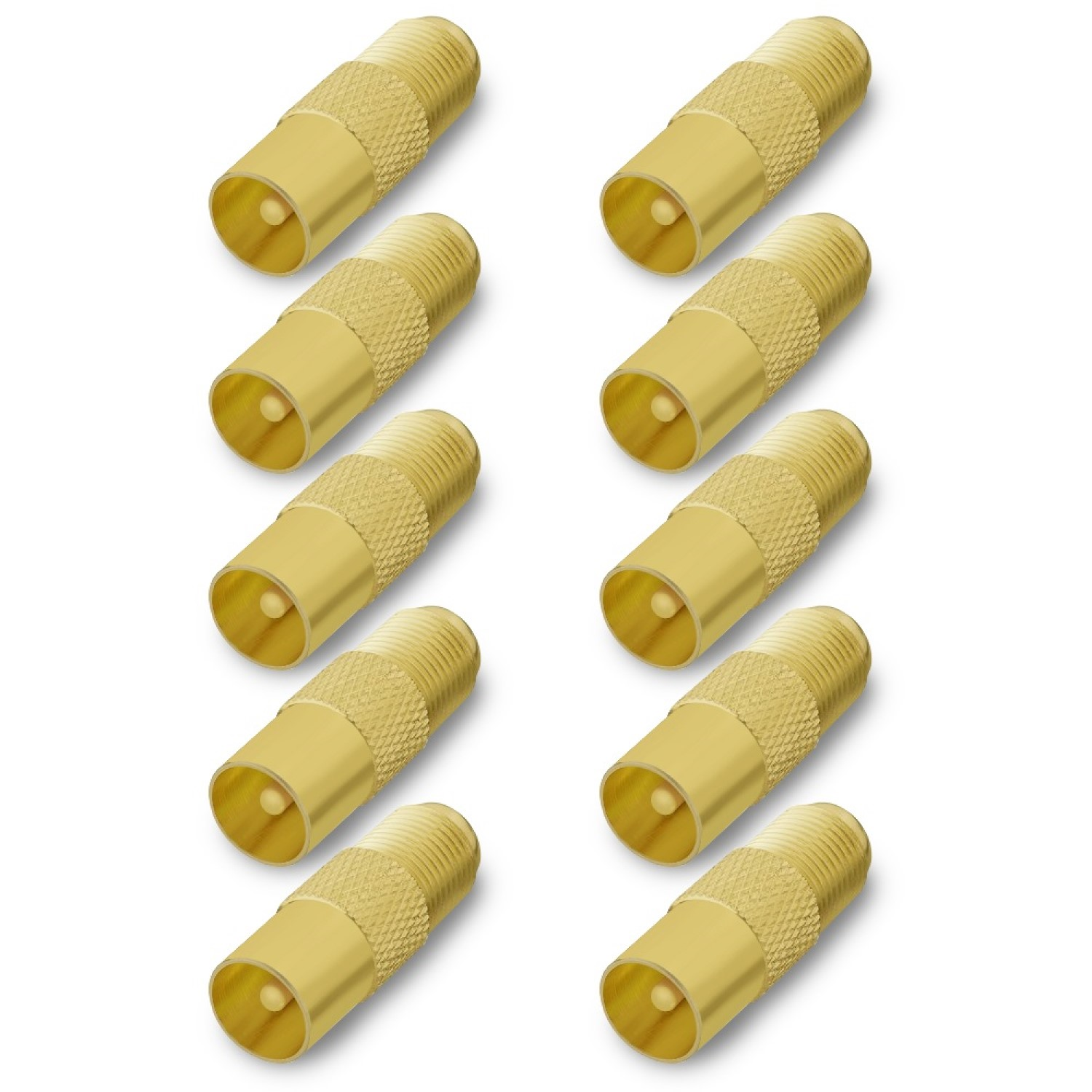 Goldfarbene Koaxialstecker, angeordnet in zwei Reihen von fünf auf weißem Hintergrund.