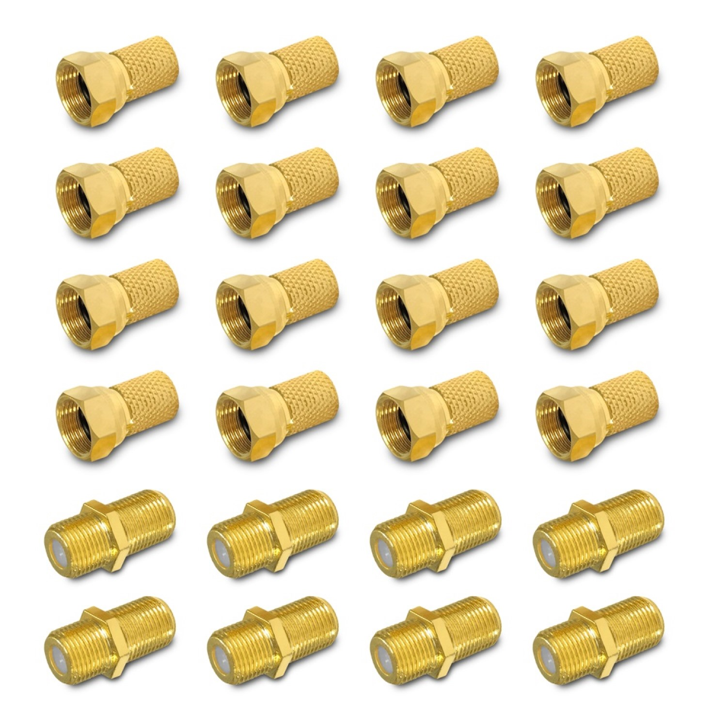 Goldfarbene F-Stecker. Der Hintergrund ist weiß.