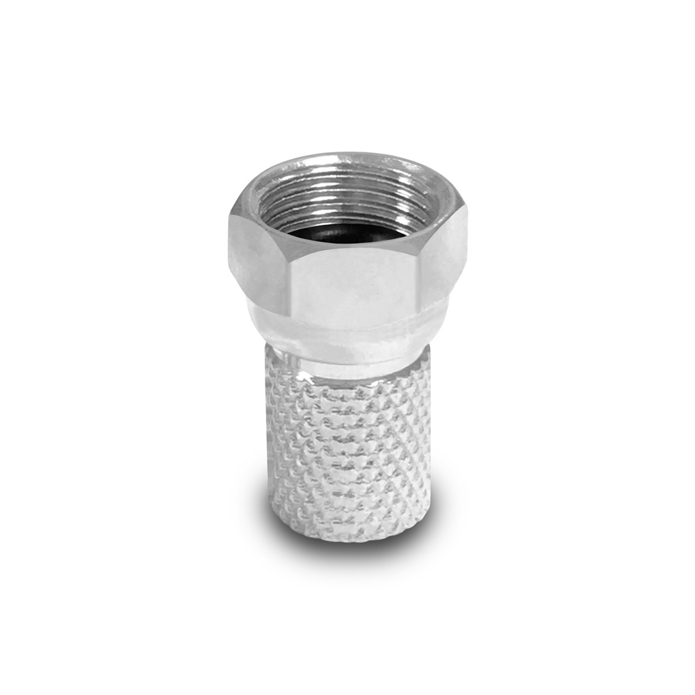 Ein silberner Adapter mit strukturierter Unterseite und sechseckiger Oberseite, vor weißem Hintergrund.