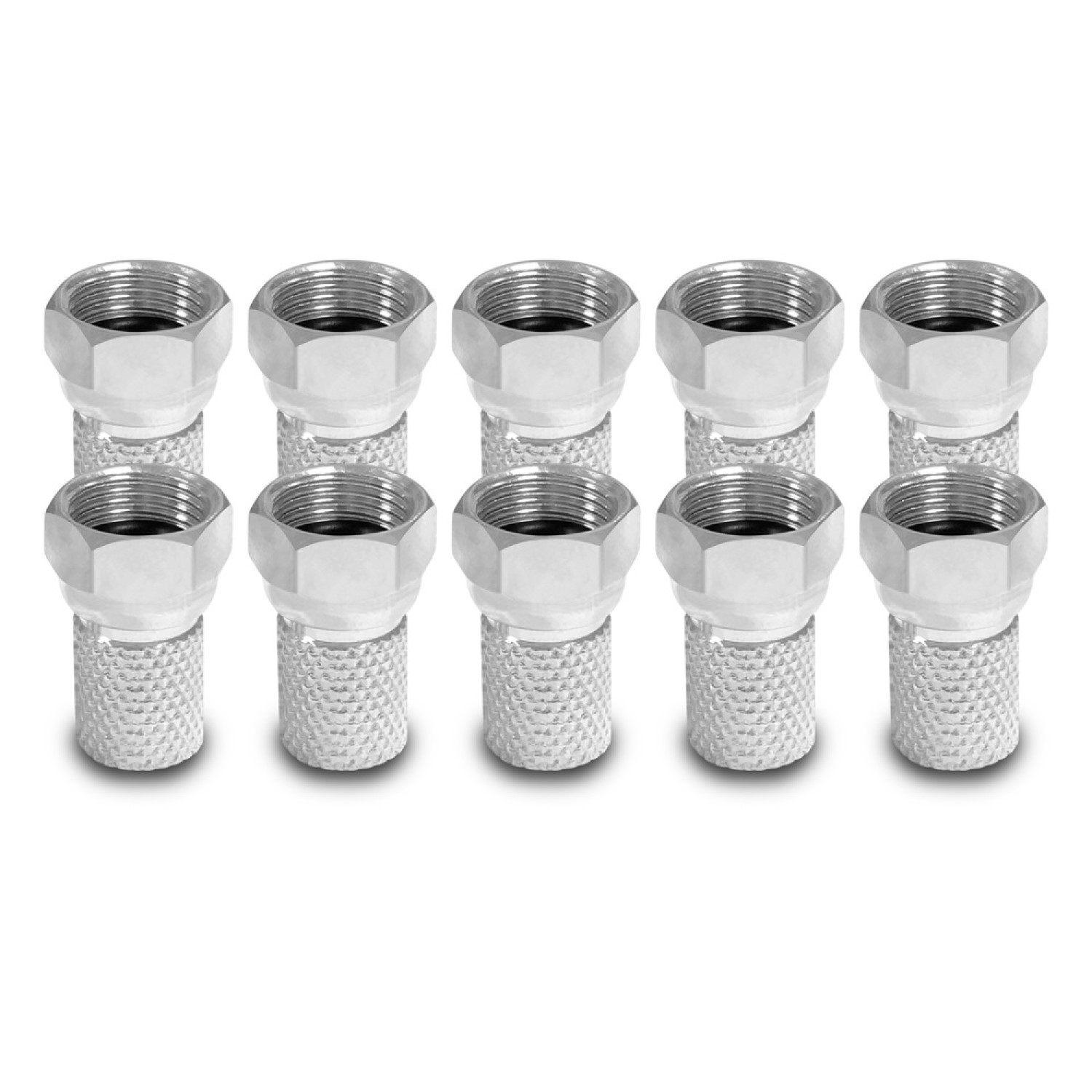 Zehn silberne F-Stecker, in zwei Reihen angeordnet, auf weißem Hintergrund.