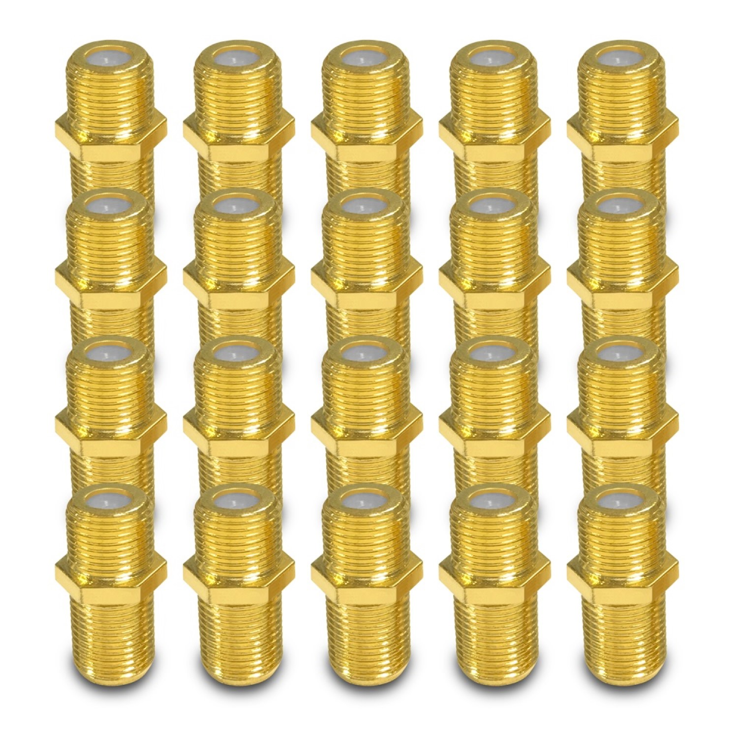 Ein Raster von vierundzwanzig goldfarbenen F-Anschlüssen, angeordnet in Reihen und Spalten vor weißem Hintergrund.