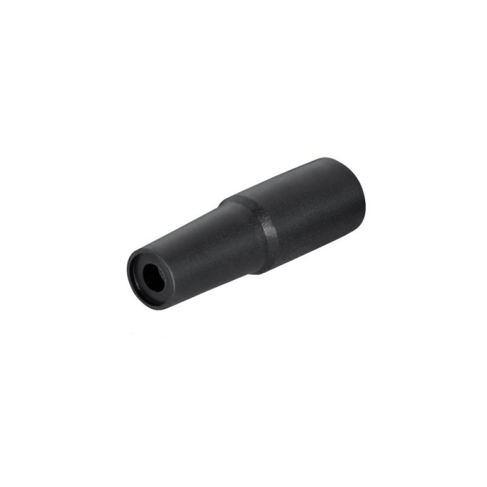Schwarzes düsenförmiges Objekt, nach links abgewinkelt, isoliert auf weißem Hintergrund.