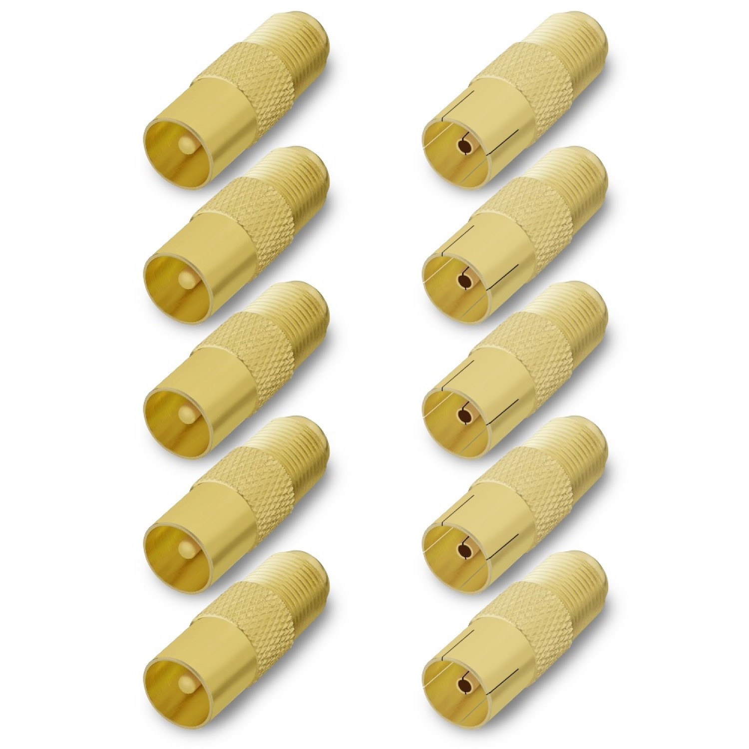 Zehn goldene Koaxialkabelanschlüsse sind auf weißem Hintergrund in einem Raster angeordnet.