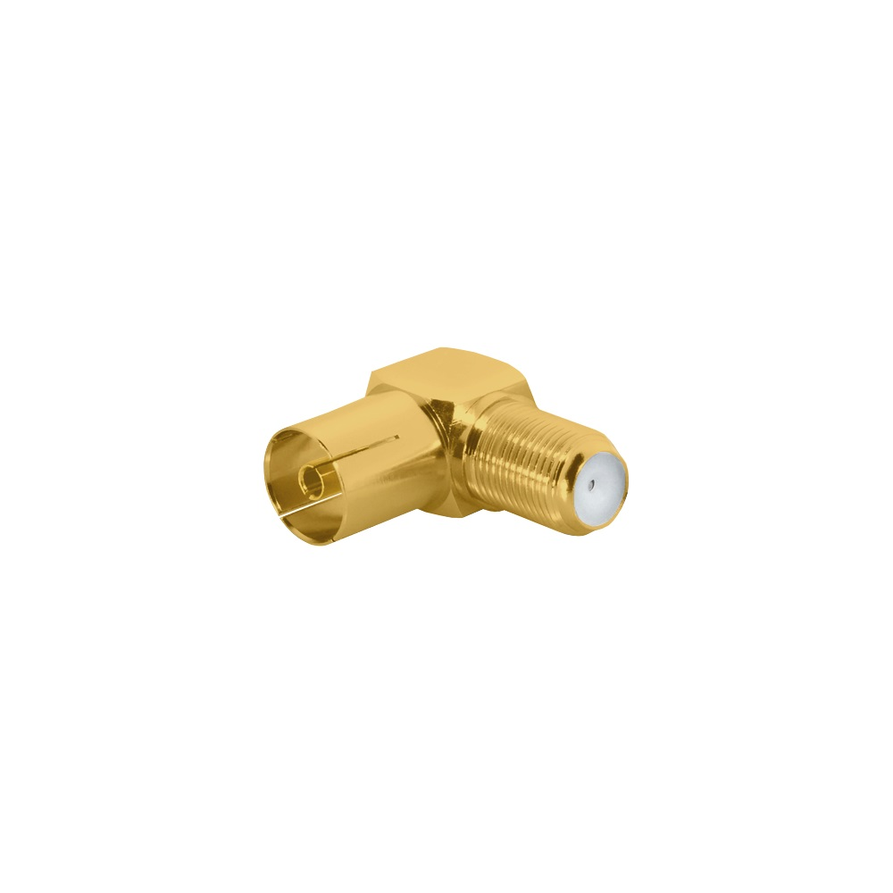 Ein goldfarbener Koaxialstecker auf weißem Hintergrund. Er hat ein männliches und weibliches Ende.