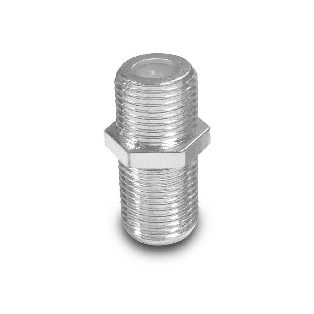 Ein glänzender, silberner Metallverbinder. Er hat einen sechseckigen Mittelteil und Gewindeenden.