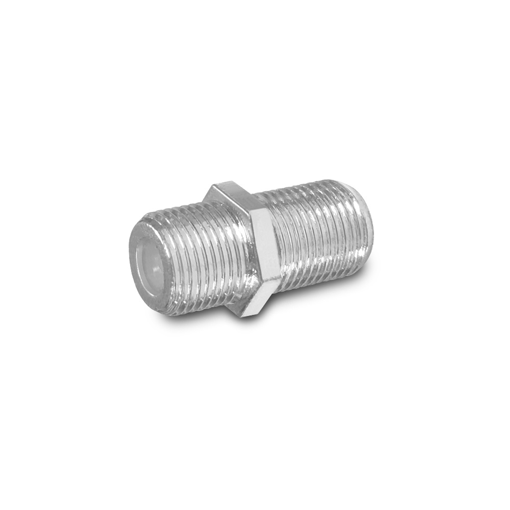 Silberner F-Stecker auf Weiß. Sechseckige Mitte, Gewindeenden.