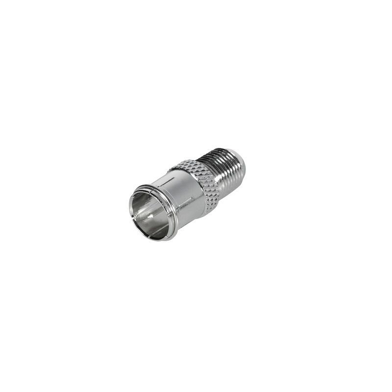 Ein metallisch-silberner F-Stecker. Es ist ein Adapter mit Gewinde und einem zentralen Stift.