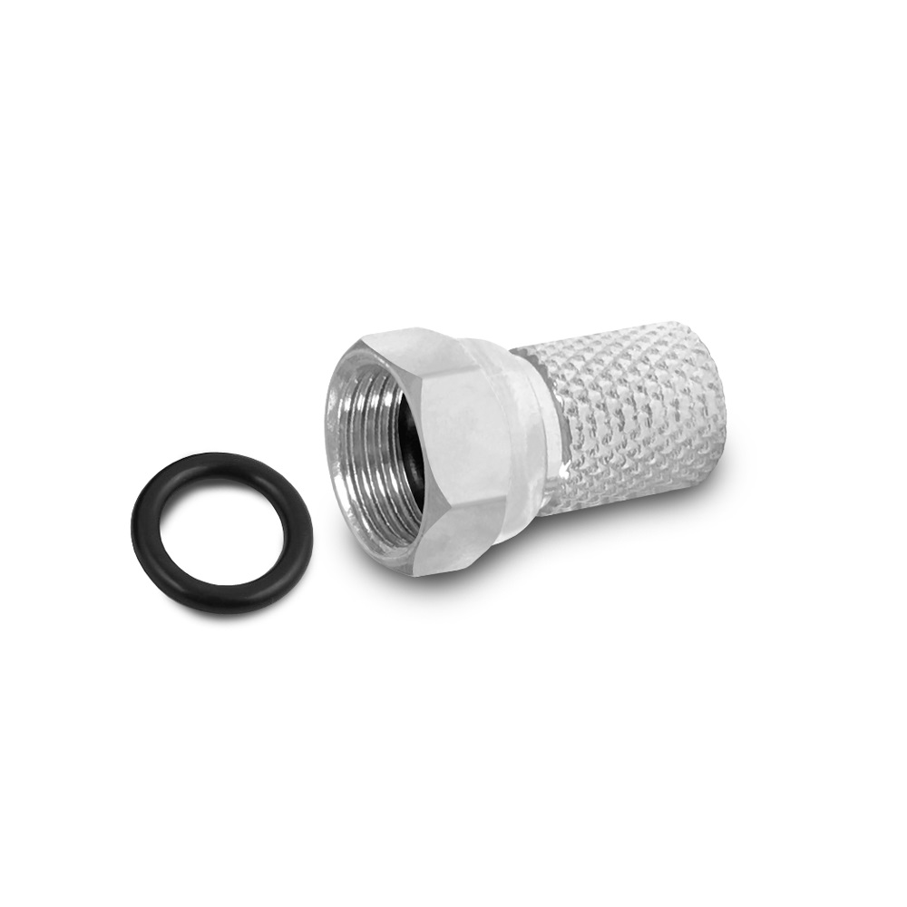 Ein silberner F-Stecker und ein schwarzer Gummiring auf weißem Untergrund.