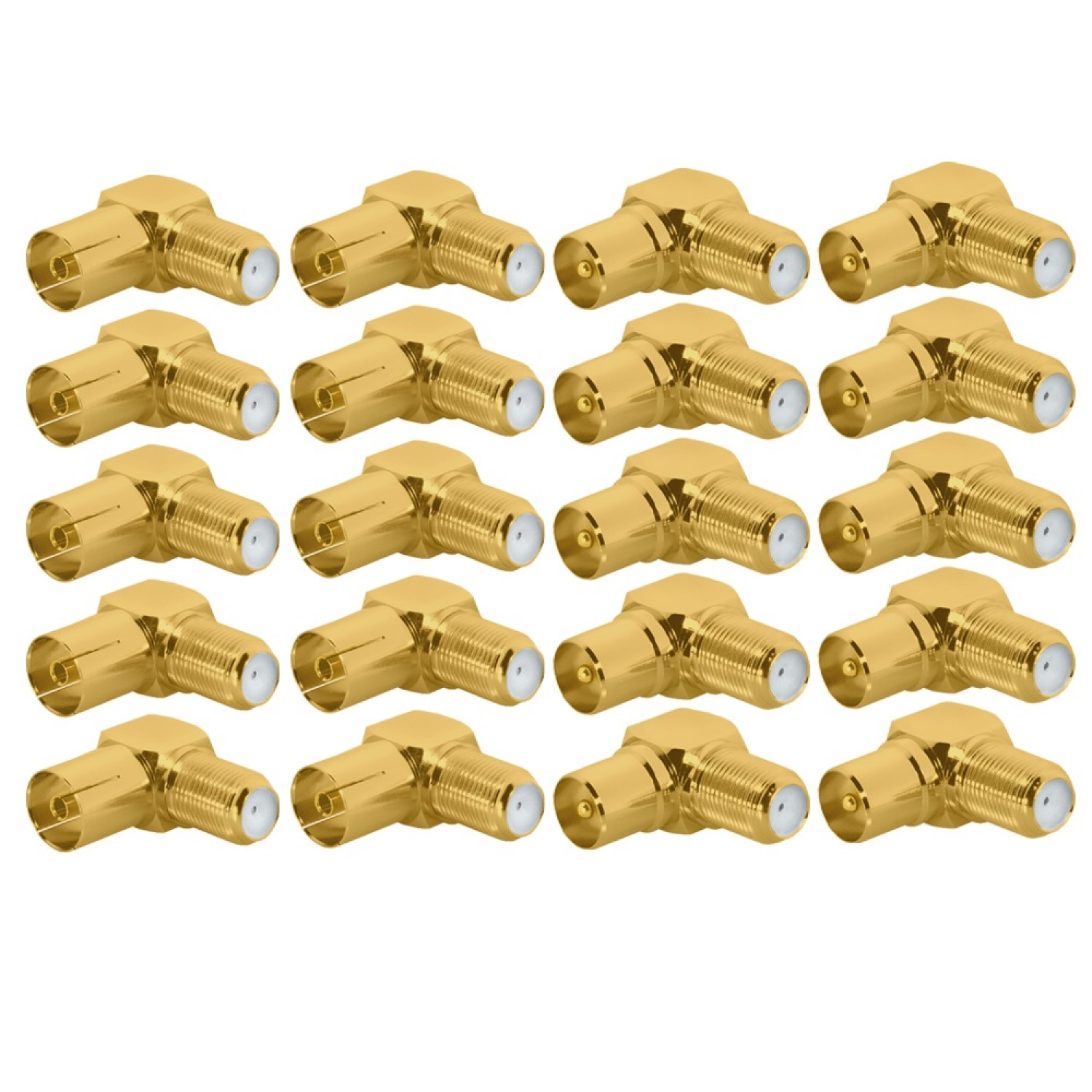 Sechzehn goldfarbene Koaxialstecker auf weißem Hintergrund angeordnet.