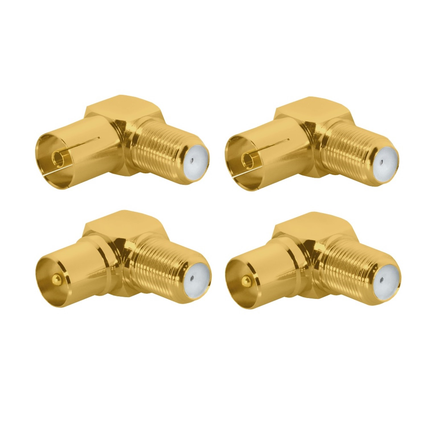 Vier goldene Koaxialstecker in einer Gruppe, mit weißem Hintergrund und Nahaufnahme.
