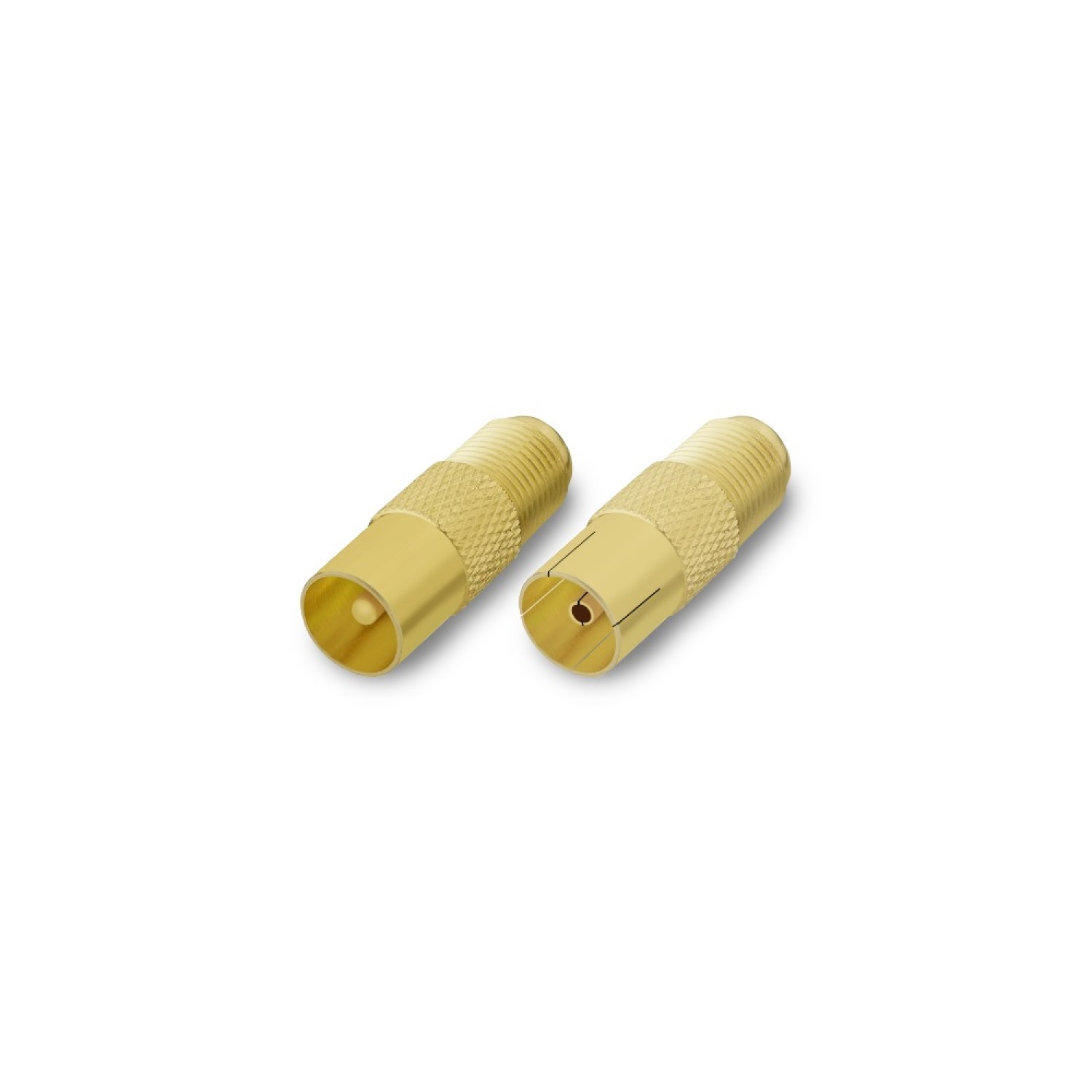Zwei goldfarbene Koaxialstecker auf weißem Hintergrund. Sie haben Gewindeenden.