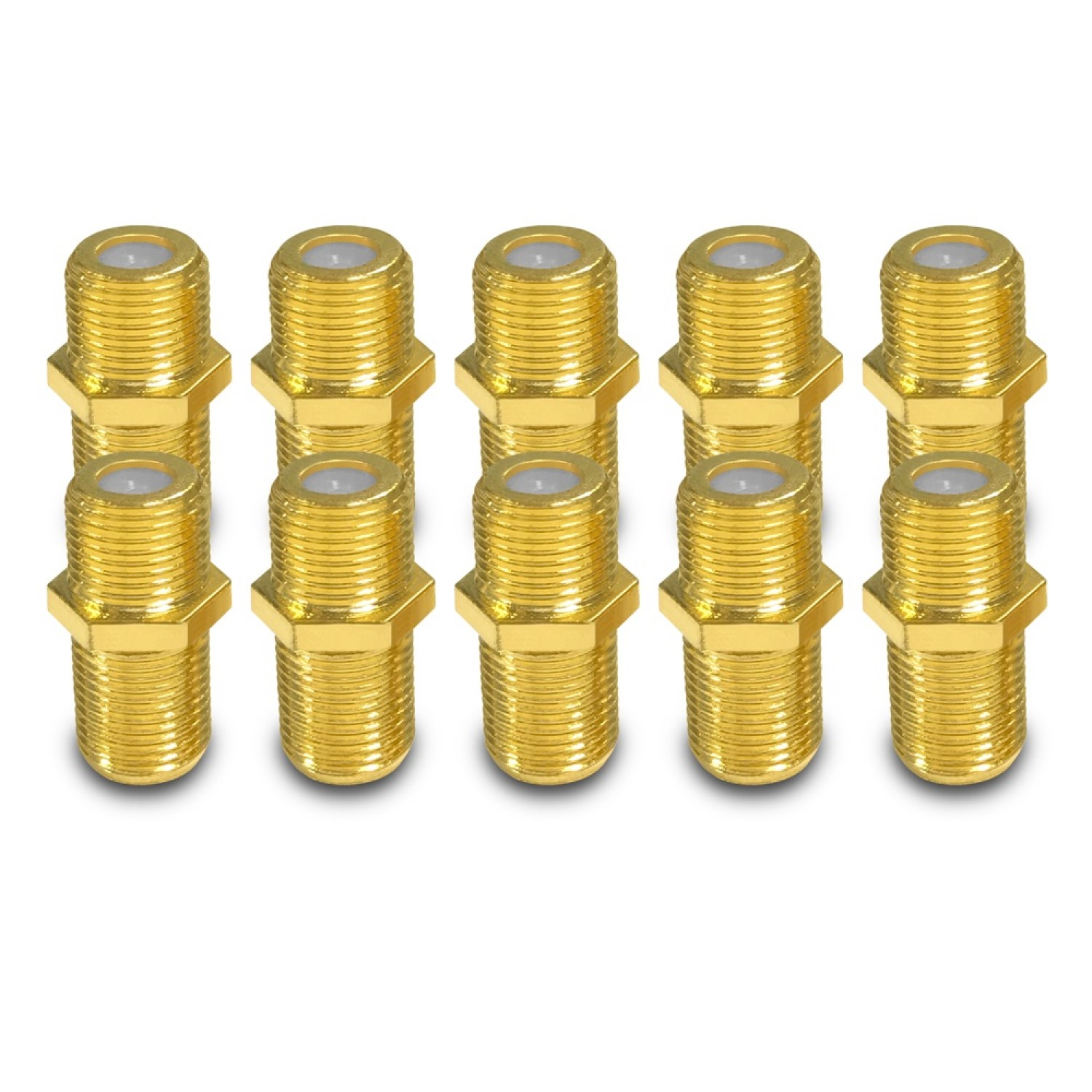 Goldfarbene Koaxialstecker in einem Raster angeordnet. Weißer Hintergrund.