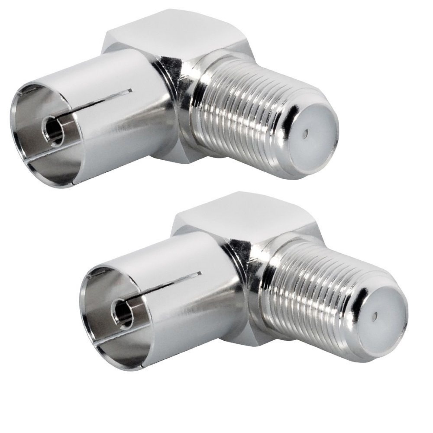 Zwei silberne, abgewinkelte F-Stecker-Adapter mit Stecker- und Buchsenenden.