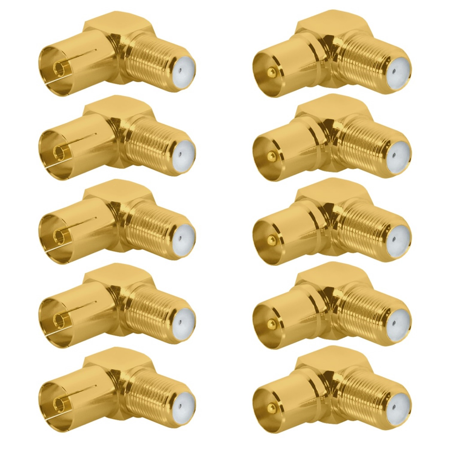 Goldfarbene Koaxialstecker. Mehrere Stecker sind sichtbar. Weißer Hintergrund.