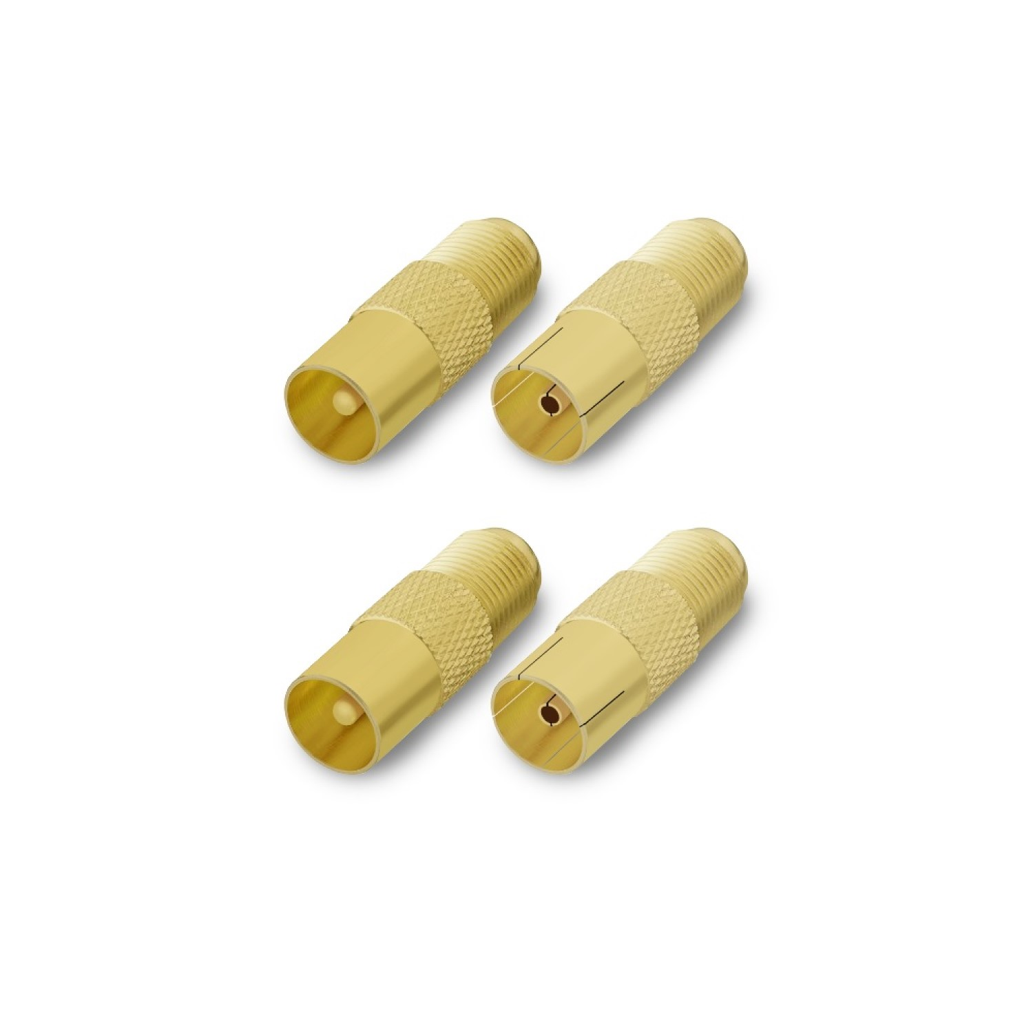 Vier goldene Koaxialkabelstecker auf weißem Hintergrund. Es sind Stecker.