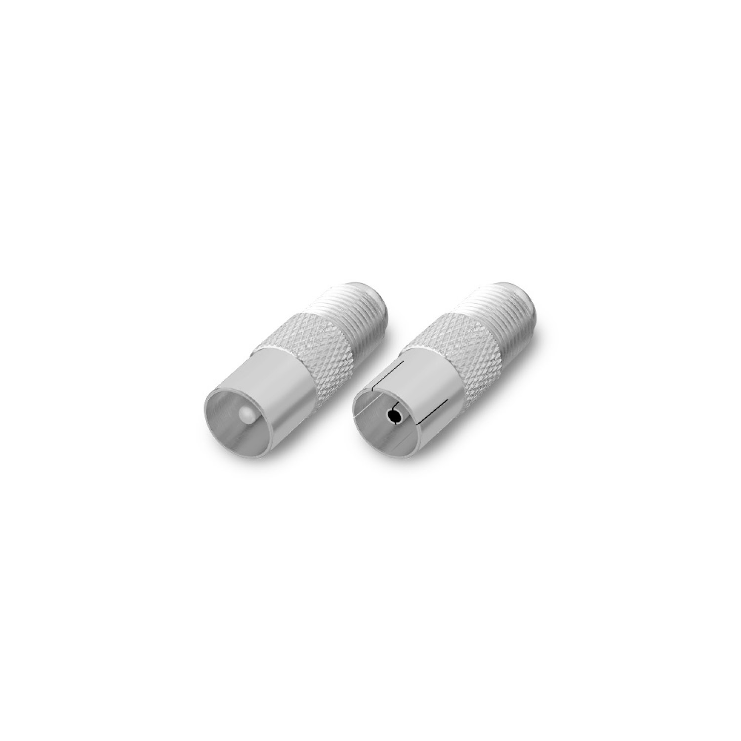 Zwei silberne Koaxialstecker auf weißem Hintergrund.