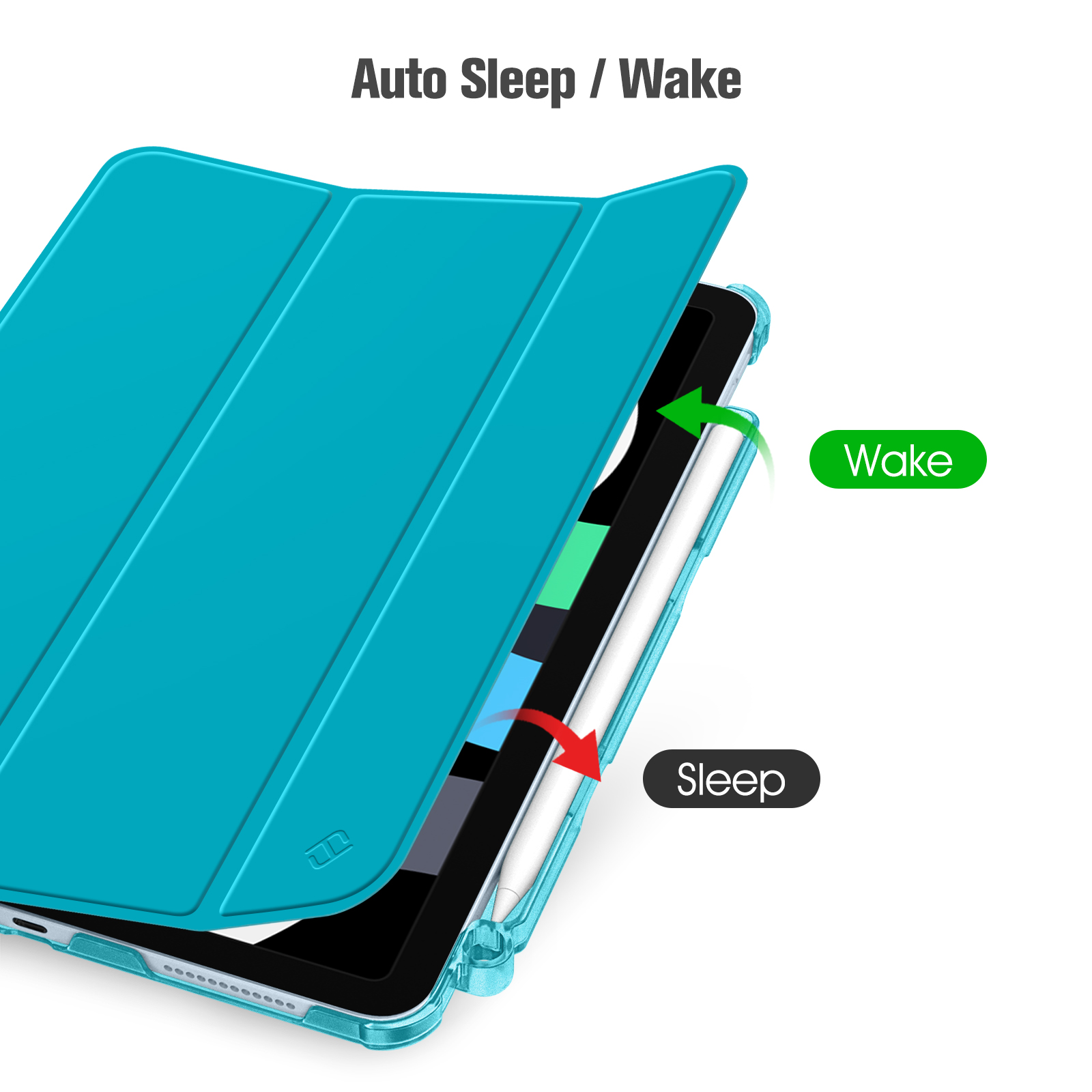 Eine türkisblaue Tablet-Hülle mit Tablet-PC. Text zeigt die Auto-Sleep/Wake-Funktion an.