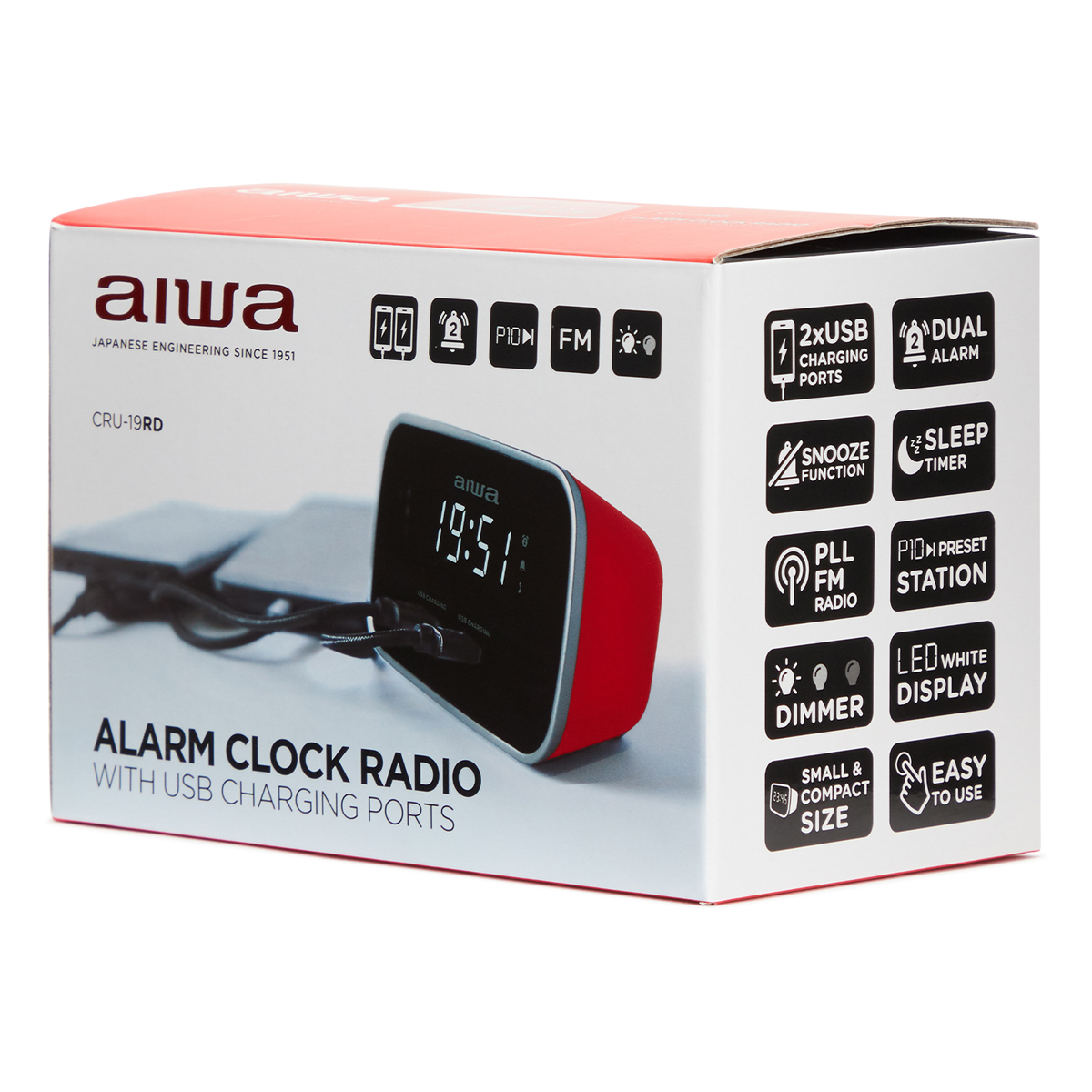 Radiobudzik w pudełku z logo Aiwa, funkcjami ładowania USB i czerwonym wykończeniem.