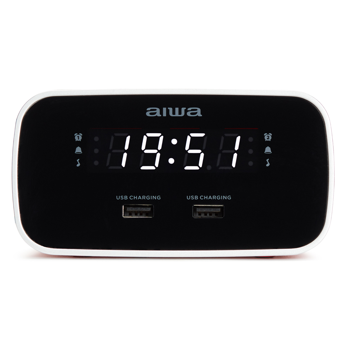 Cyfrowy budzik wyświetlający 19:57. Posiada porty ładowania USB i logo Aiwa.
