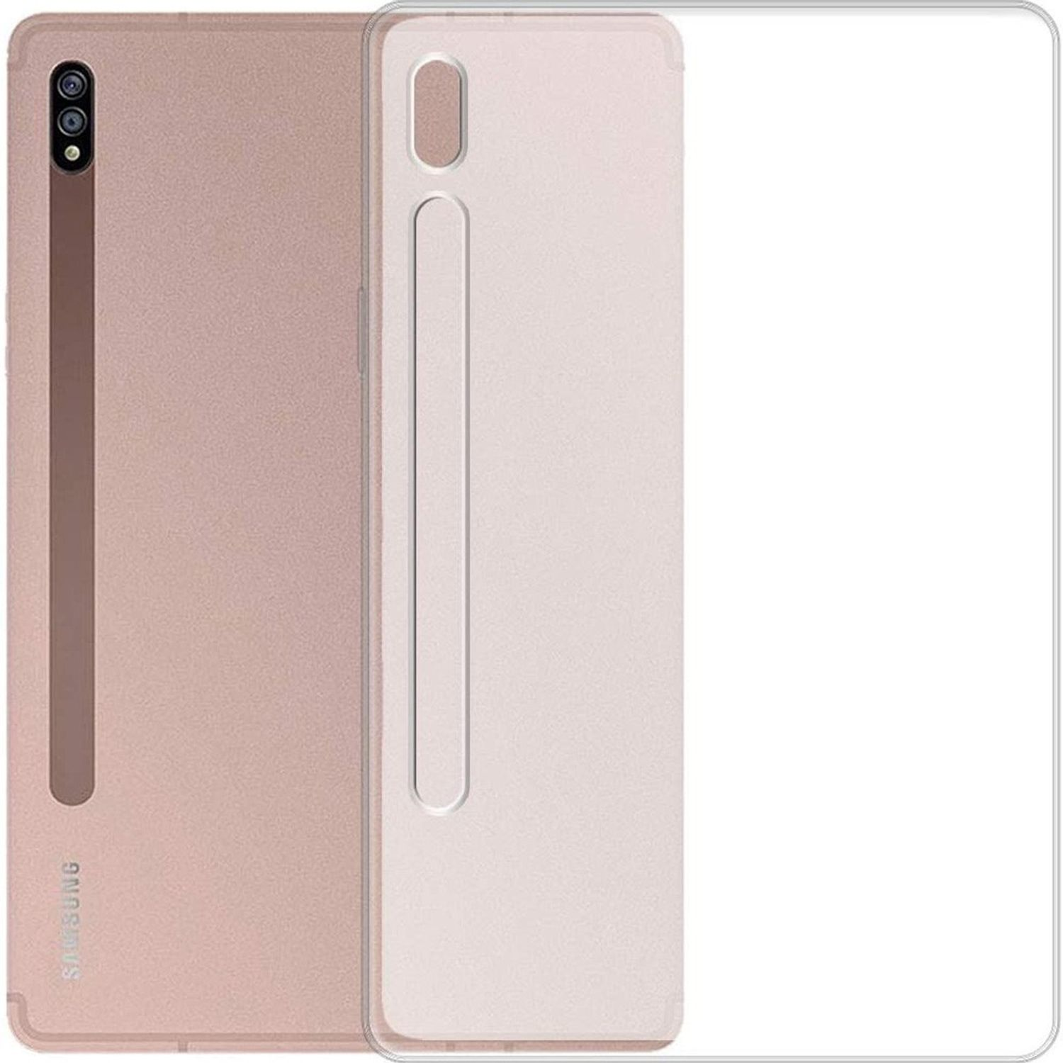 Rosa Tablet mit Hülle auf weißem Hintergrund. Die Hülle ist transparent.