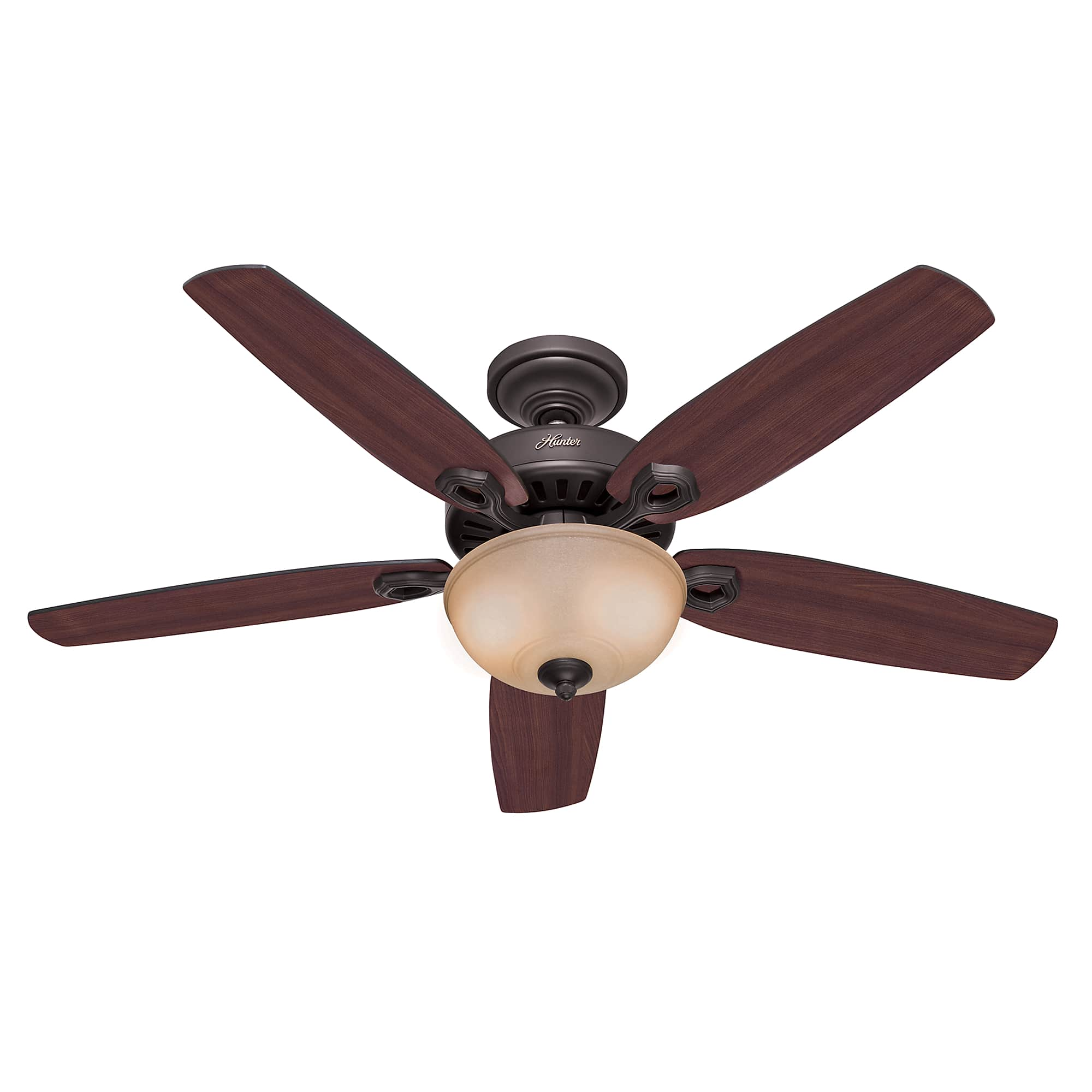 Deckenventilator mit fünf Holzblättern und Glasleuchte.