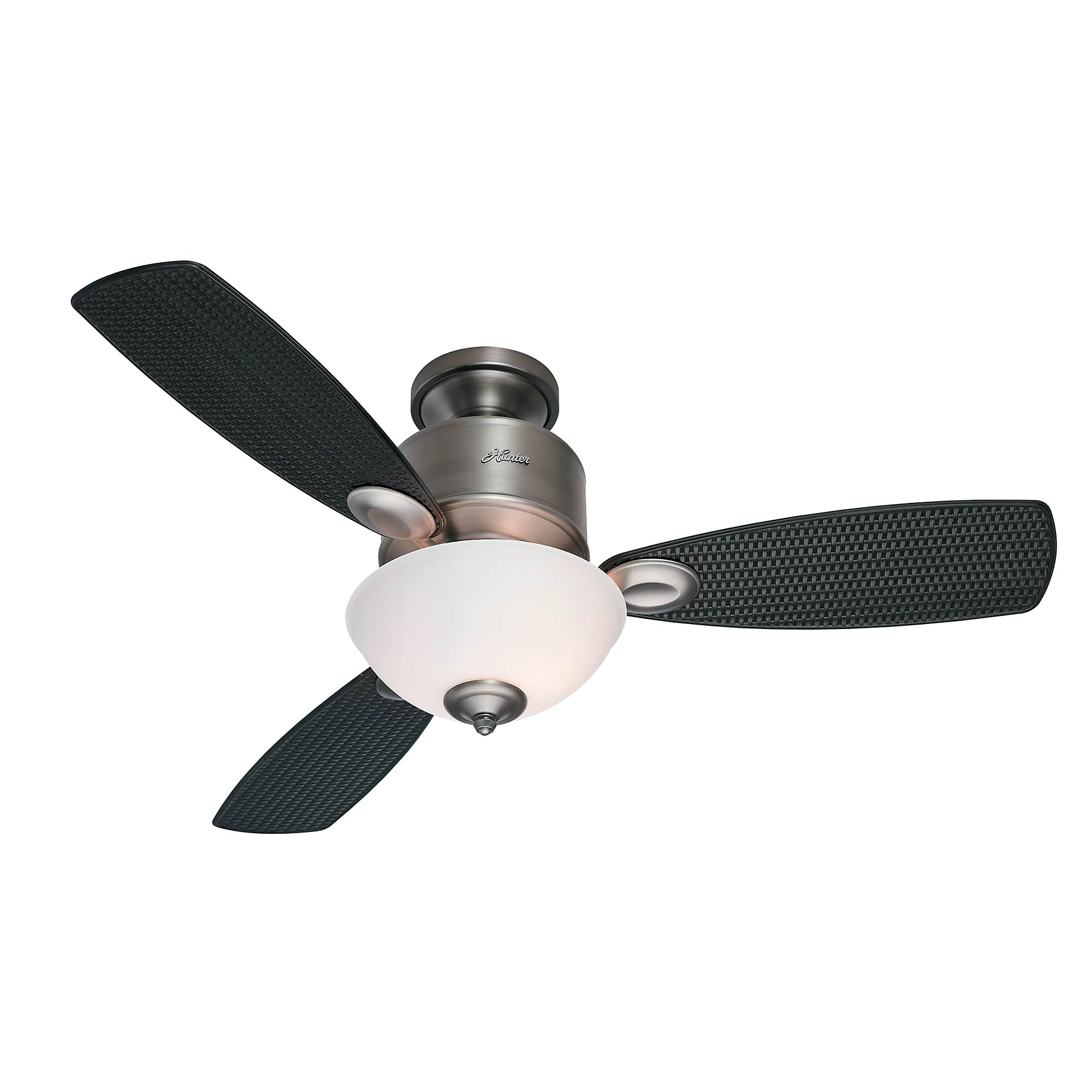 Deckenventilator mit schwarzen Flügeln und weißem Licht.