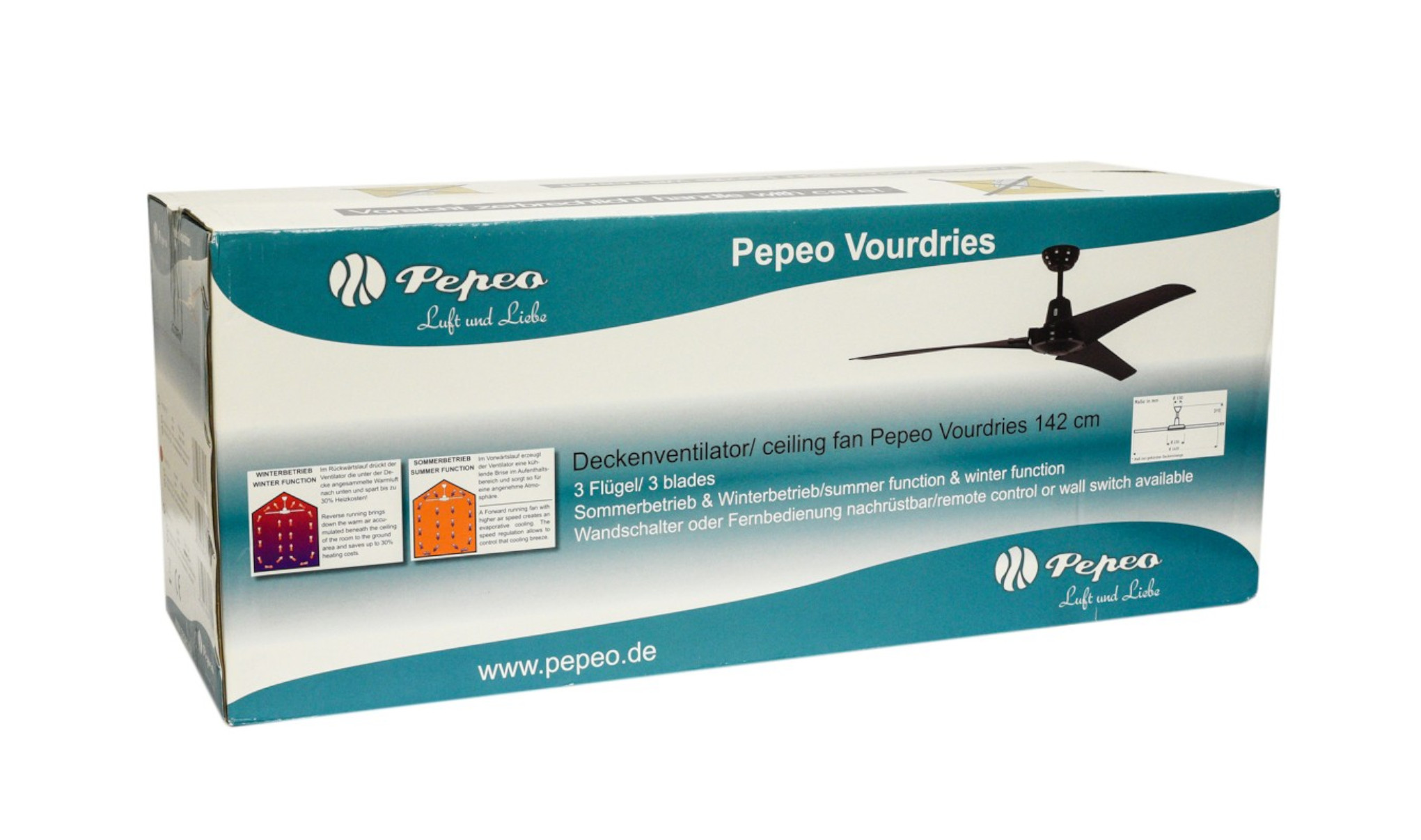 Eine große Box für einen Deckenventilator mit dem Markennamen Peppe und dem Text: Deckenventilator.