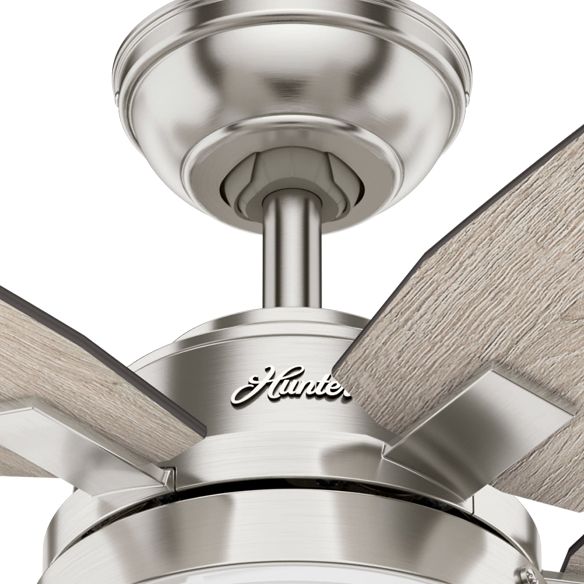 Nahaufnahme eines Deckenventilators aus gebürstetem Nickel mit drei Holzblättern. Das Hunter-Logo ist sichtbar.