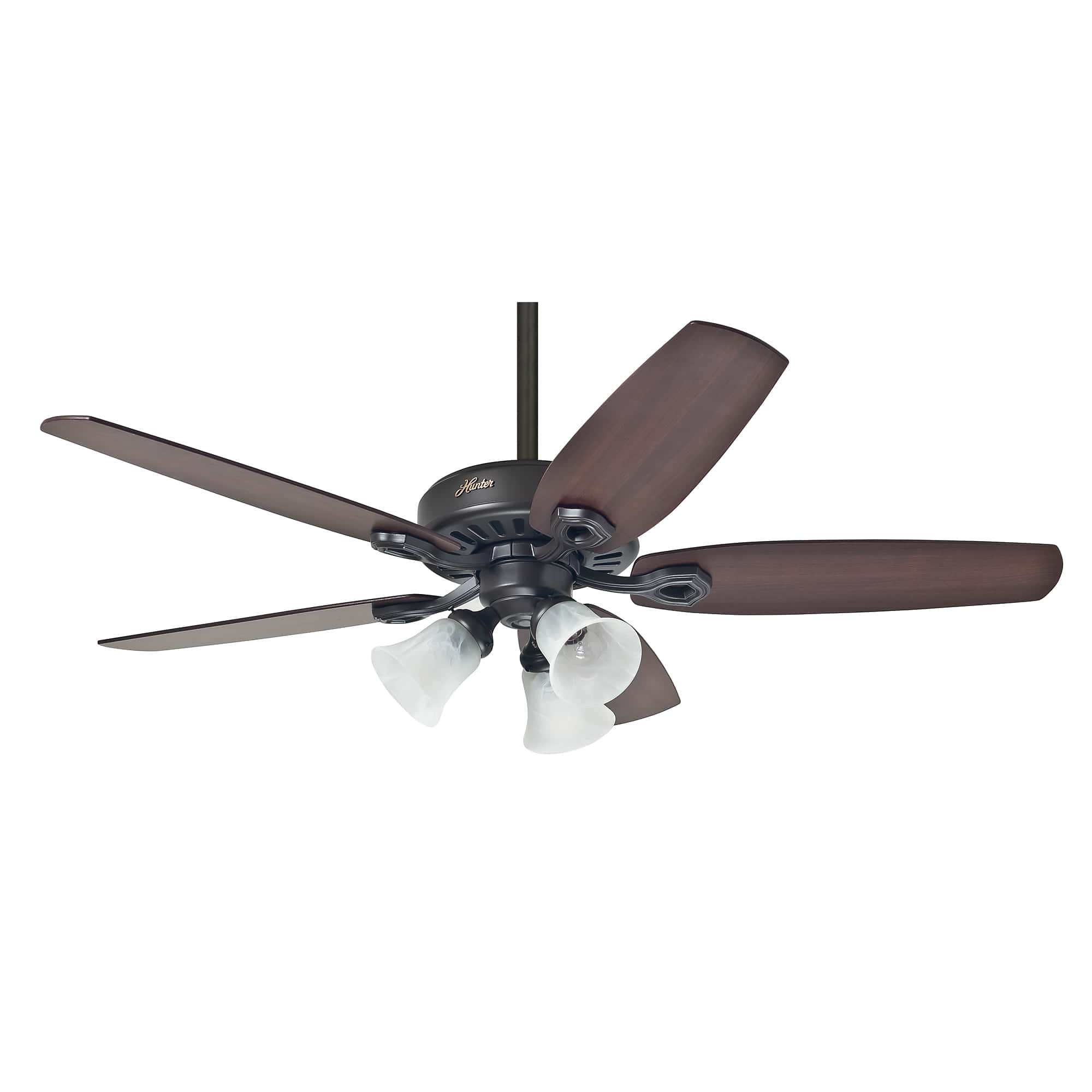 Deckenventilator mit fünf dunkelbraunen Flügeln, Lichtern und dunkler Basis.