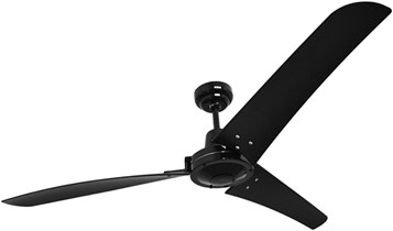 Ein schwarzer Deckenventilator mit drei Flügeln, vor weißem Hintergrund.