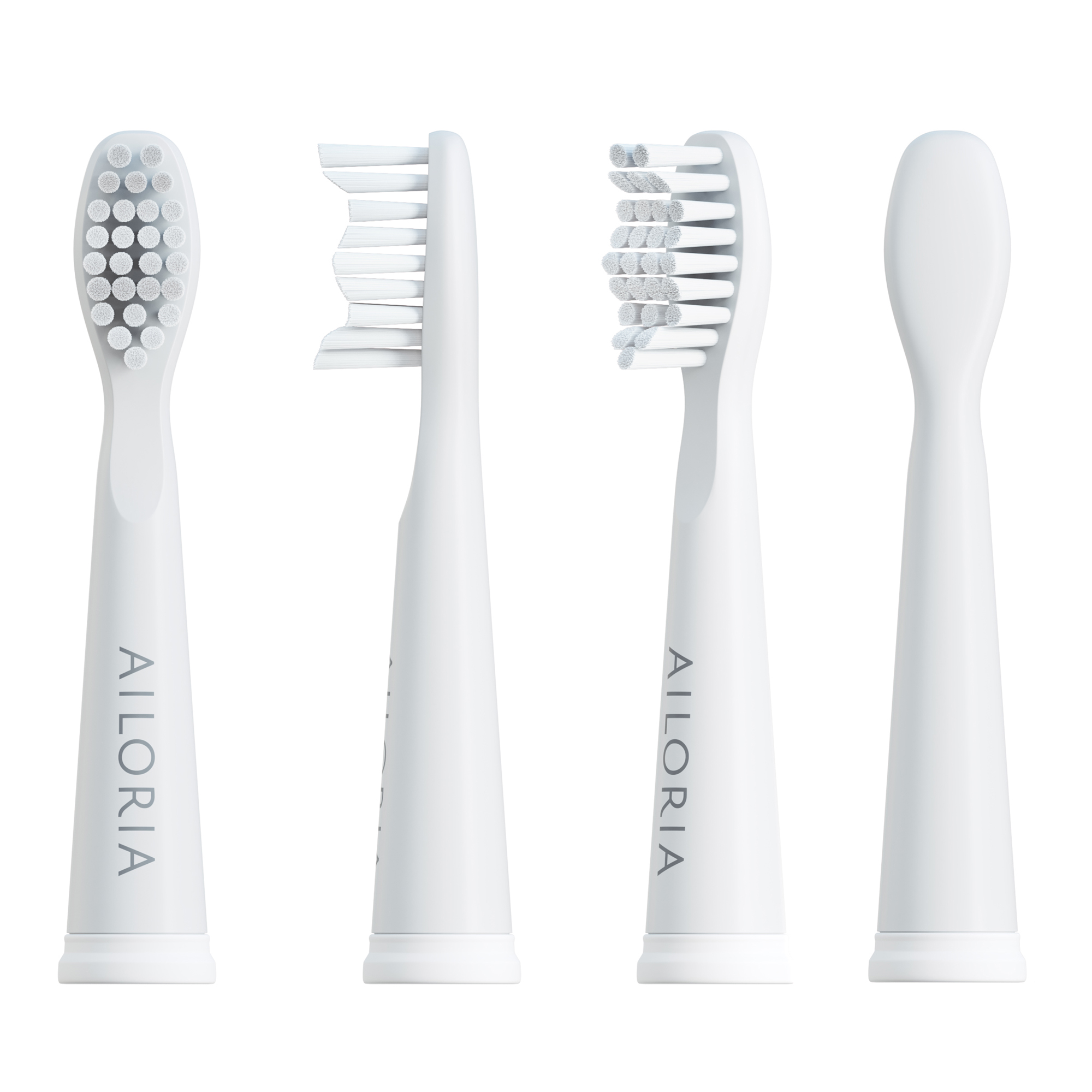 Vier weiße Zahnbürstenköpfe mit dem AILORIA-Logo. Verschiedene Winkel werden gezeigt.