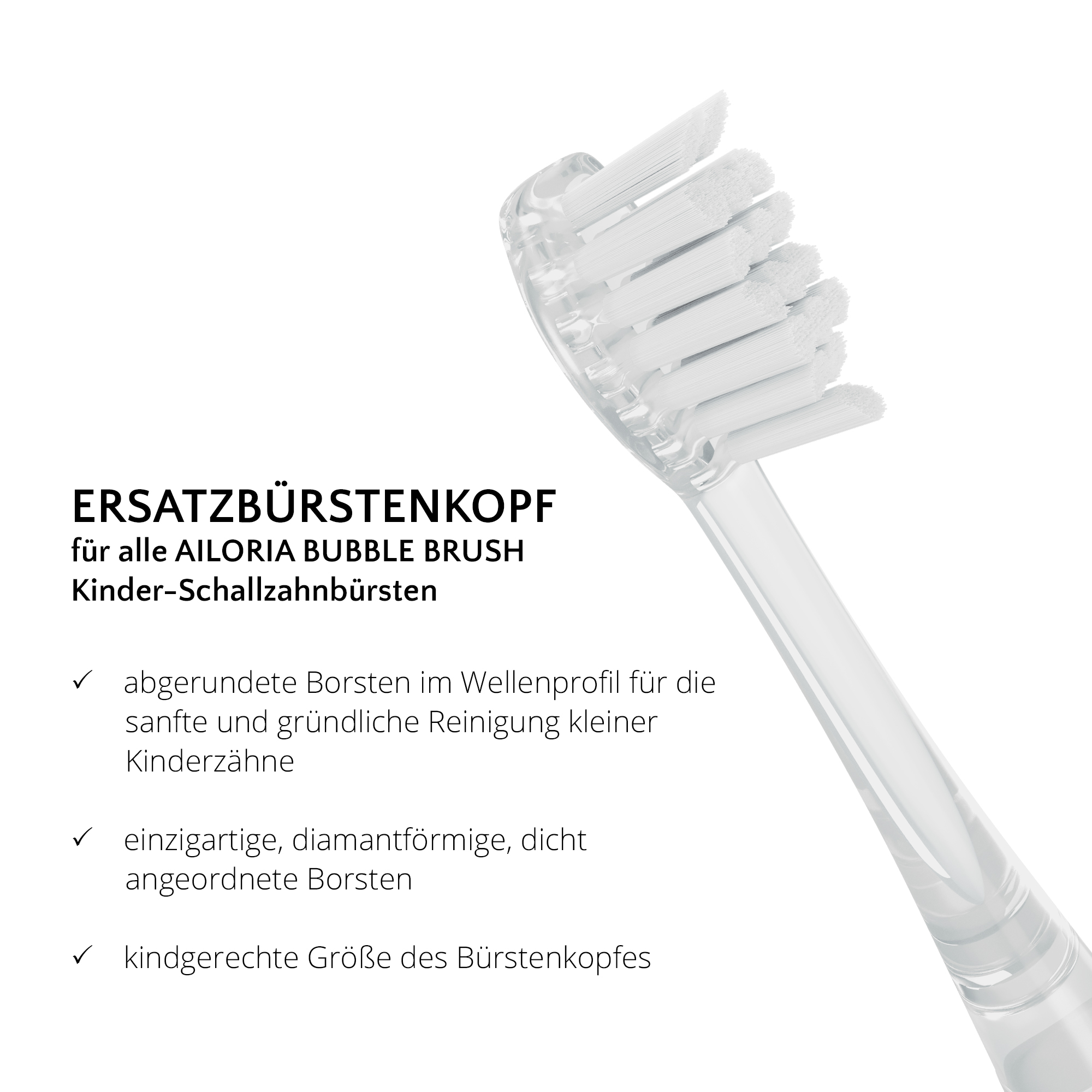 Nahaufnahme eines transparenten Zahnbürstenkopfes mit weißen Borsten. Text ist im Hintergrund sichtbar.